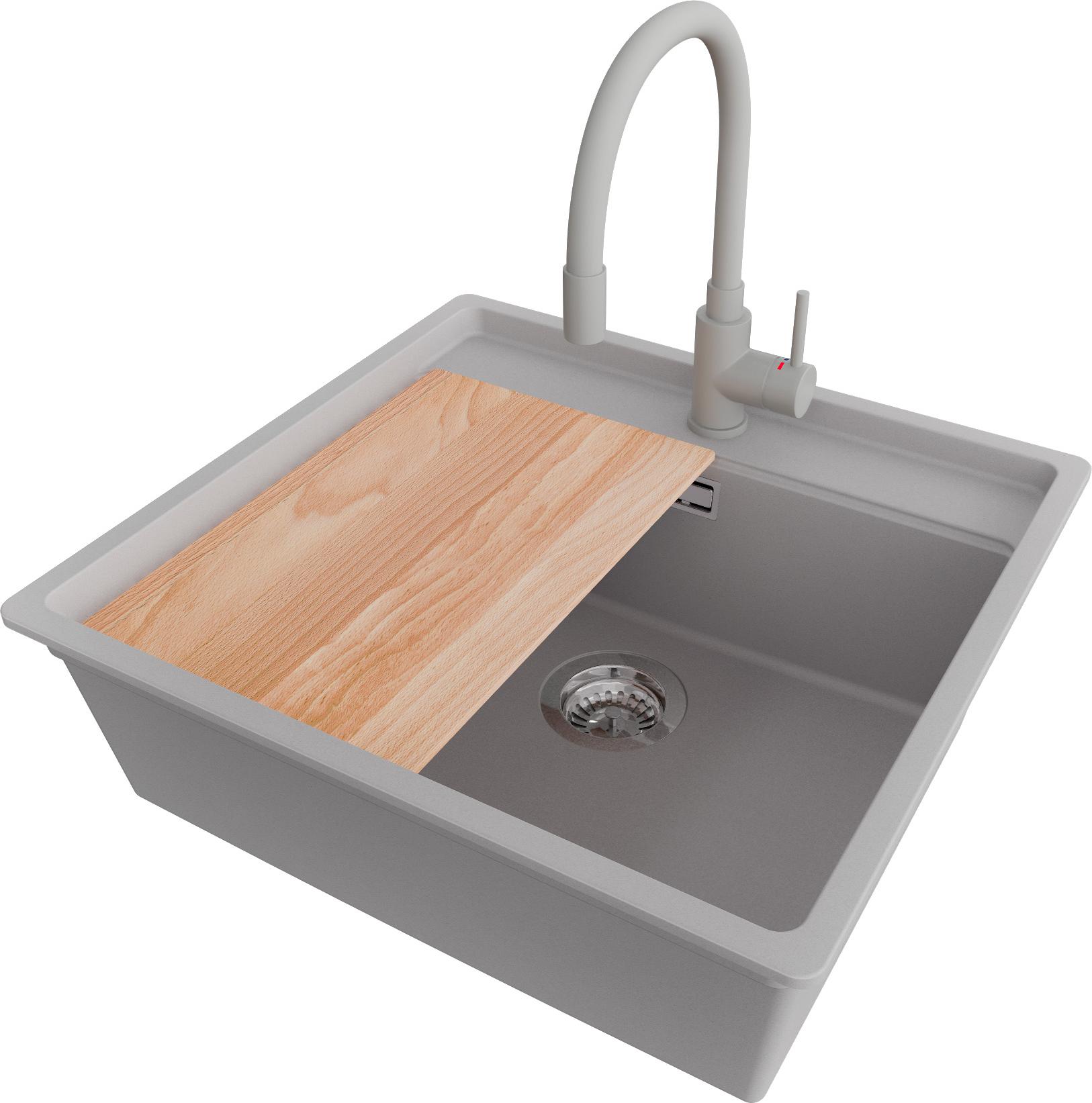 PRIMAGRAN Unterbauspüle Granit Grau 56x53cm, Spülbecken 1 Becken + Ablauf-Set + Küchenzubehörset, Granitspüle ab 60er Unterschrank - Bergen