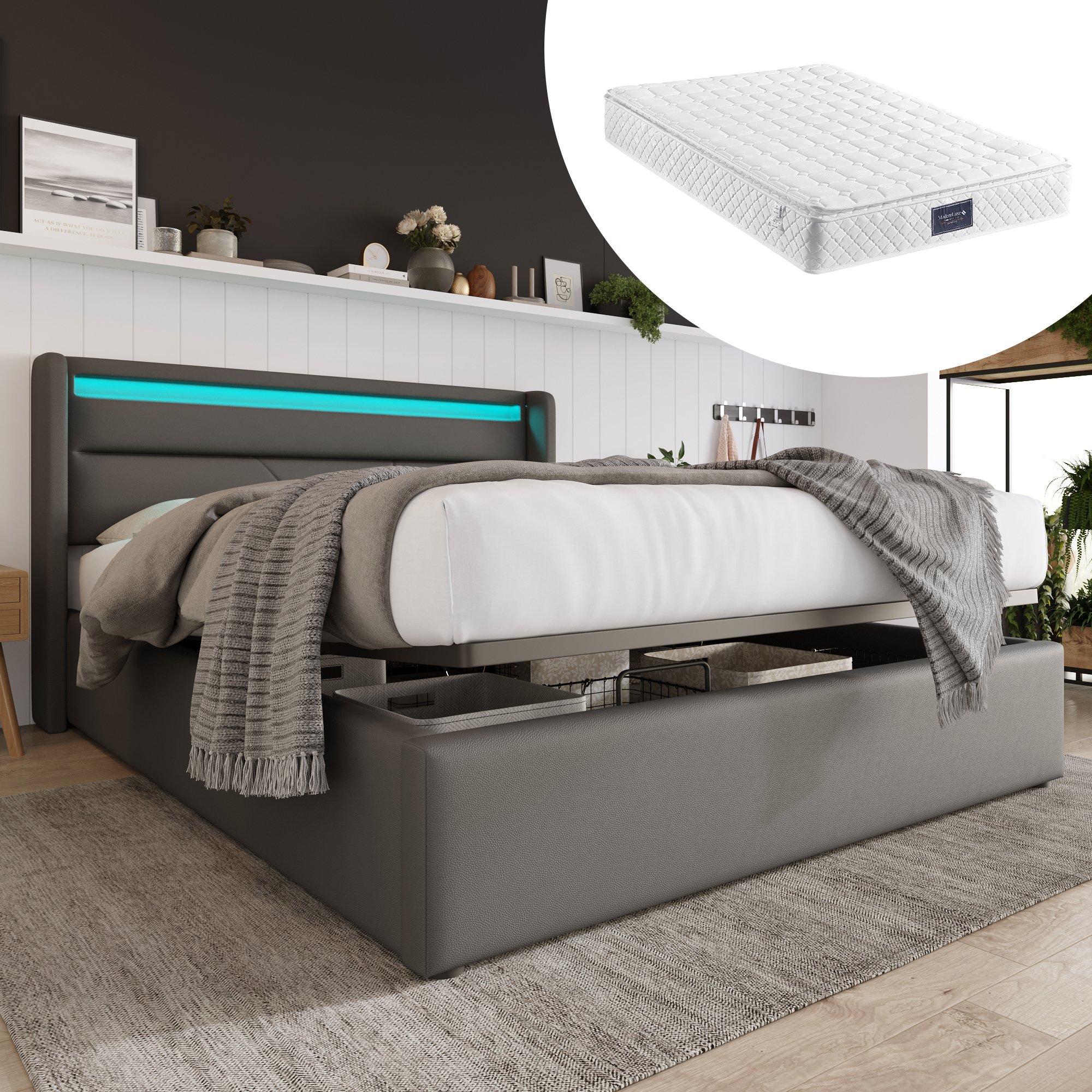 Čalúnená posteľ Sweiko Manželská posteľ s LED osvetlením Úložná posteľ 140x200cm Sivá (s matracom)
