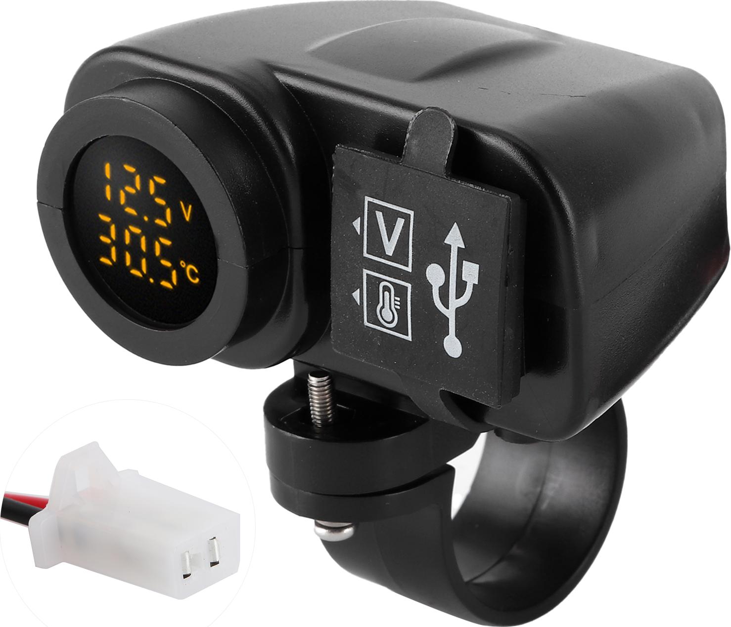 Motocyklový duálny USB voltmeter nabíjačka multifunkčný merač teploty s vodotesným krytom