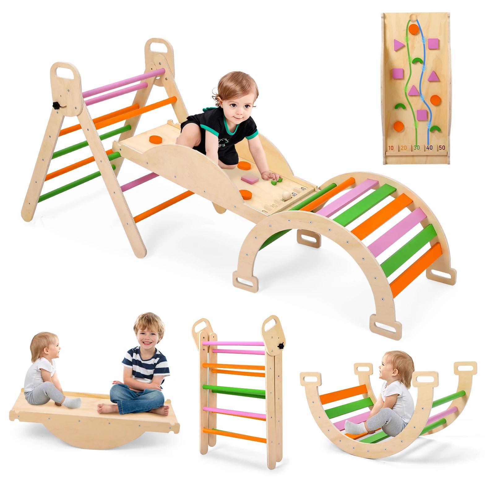 StarTech Montessori Kletterset - Kletterdreieck aus Holz 7‑in‑1 - Faltbar - Seilnetz - Groß - Für 0–3 Jahre