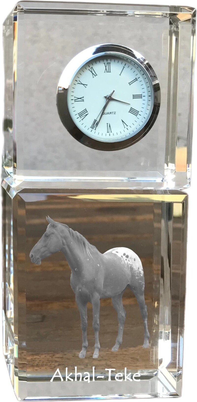 Akhal-Teke - Kristalluhr mit Bild, Pferdebild im Kristall, personalisierte Schreibtischuhr der Marke Art-Dog
