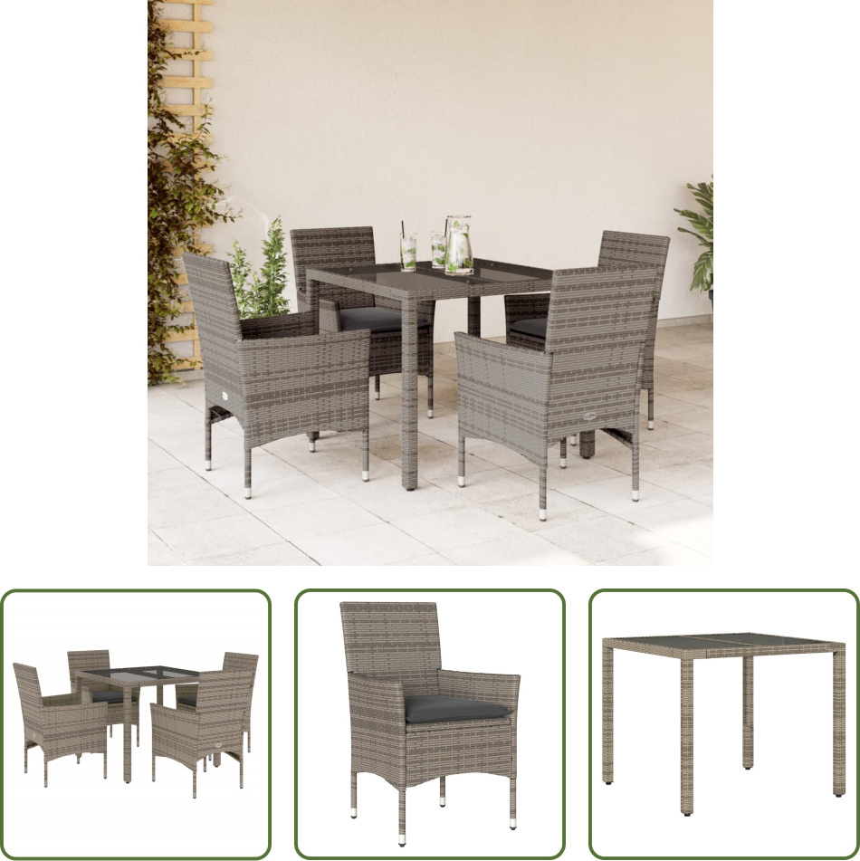 The Living Store 5-dielny záhradný jedálenský set s vankúšmi sivý polyratan a sklo