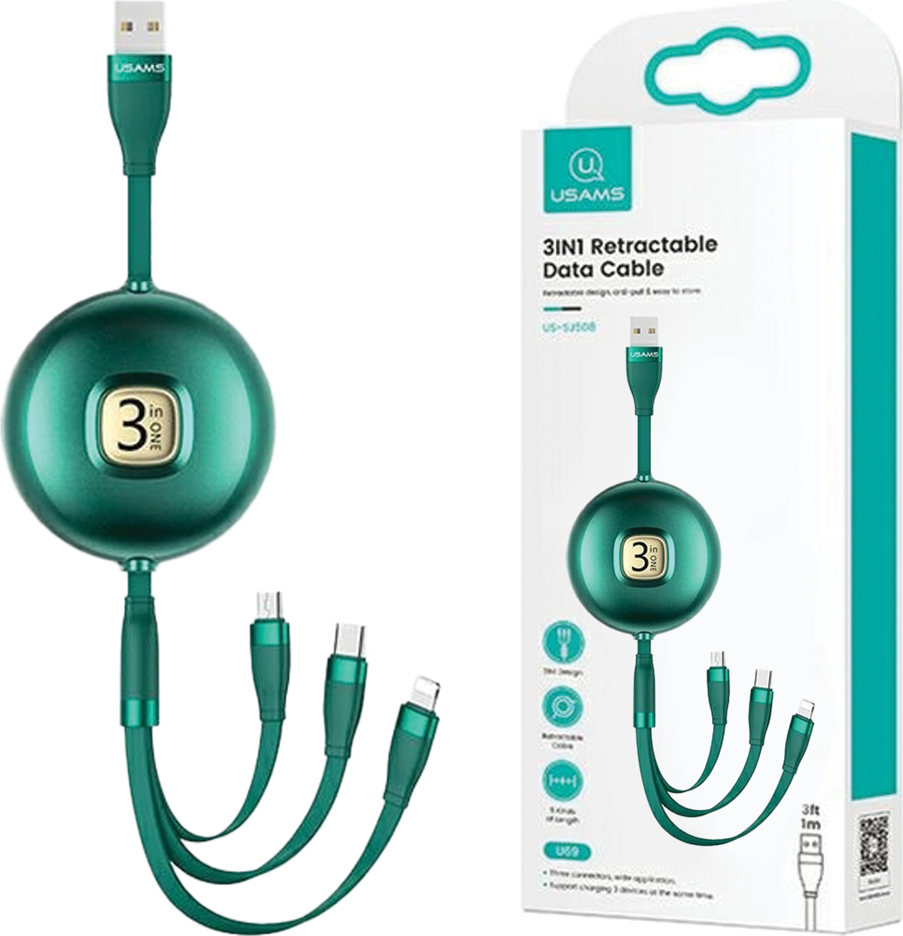 Usams Kábel U69 3V1 1M Zelený/Zelený (Blesk/Microusb/Usb-C) Sj508Usb03 (Us-Sj508)