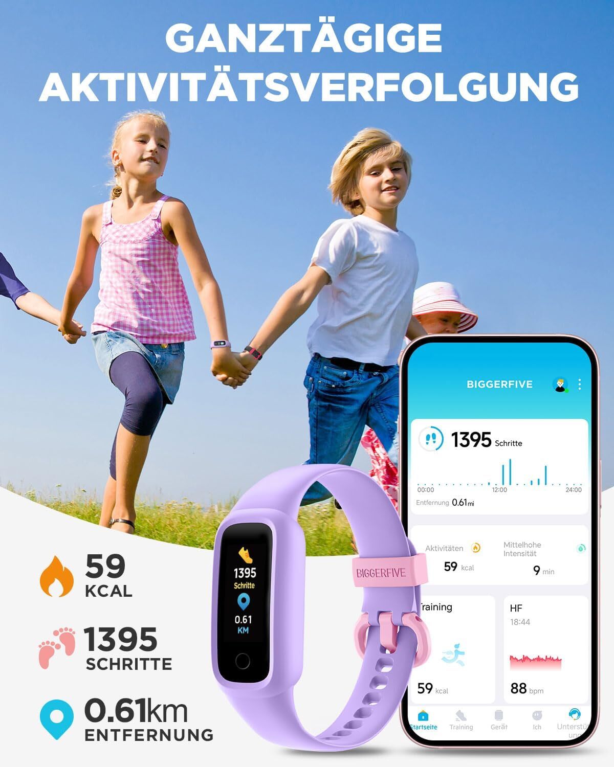Fitness Tracker Uhr Kinder BIGGERFIVE Vigor 2 L, Schrittzähler, Pulsuhr, Schlafmonitor, Kalorienzähler, IP68 Wasserdicht, Lila