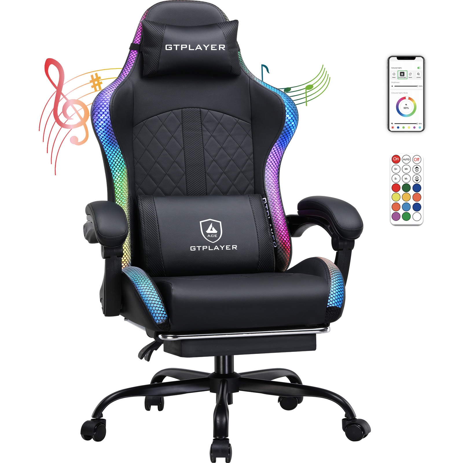 GTPLAYER Herná stolička s reproduktorom a LED diódou, kancelárska stolička Herná stolička, opierka s úložnou taškou Ergonomická PC stolička čierna