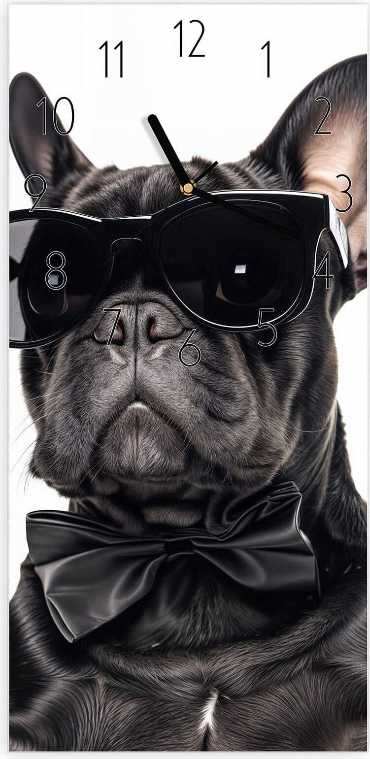 Primedeco Wanduhr aus Glas mit Motiv Sonnenbrillenhund- 30 x 60 cm - inkl. Aufhängesystem