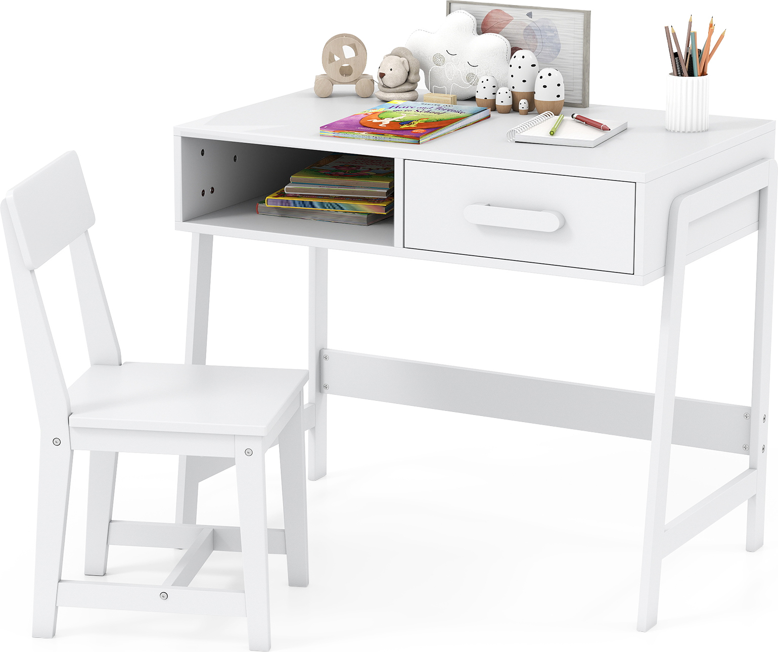 COSTWAY Kinderschreibtisch- und Stuhl-Set, Holz-Kinder-Schreibtisch-Set mit Aufbewahrungsschublade und Regal, Schüler-Tisch-Set Weiß