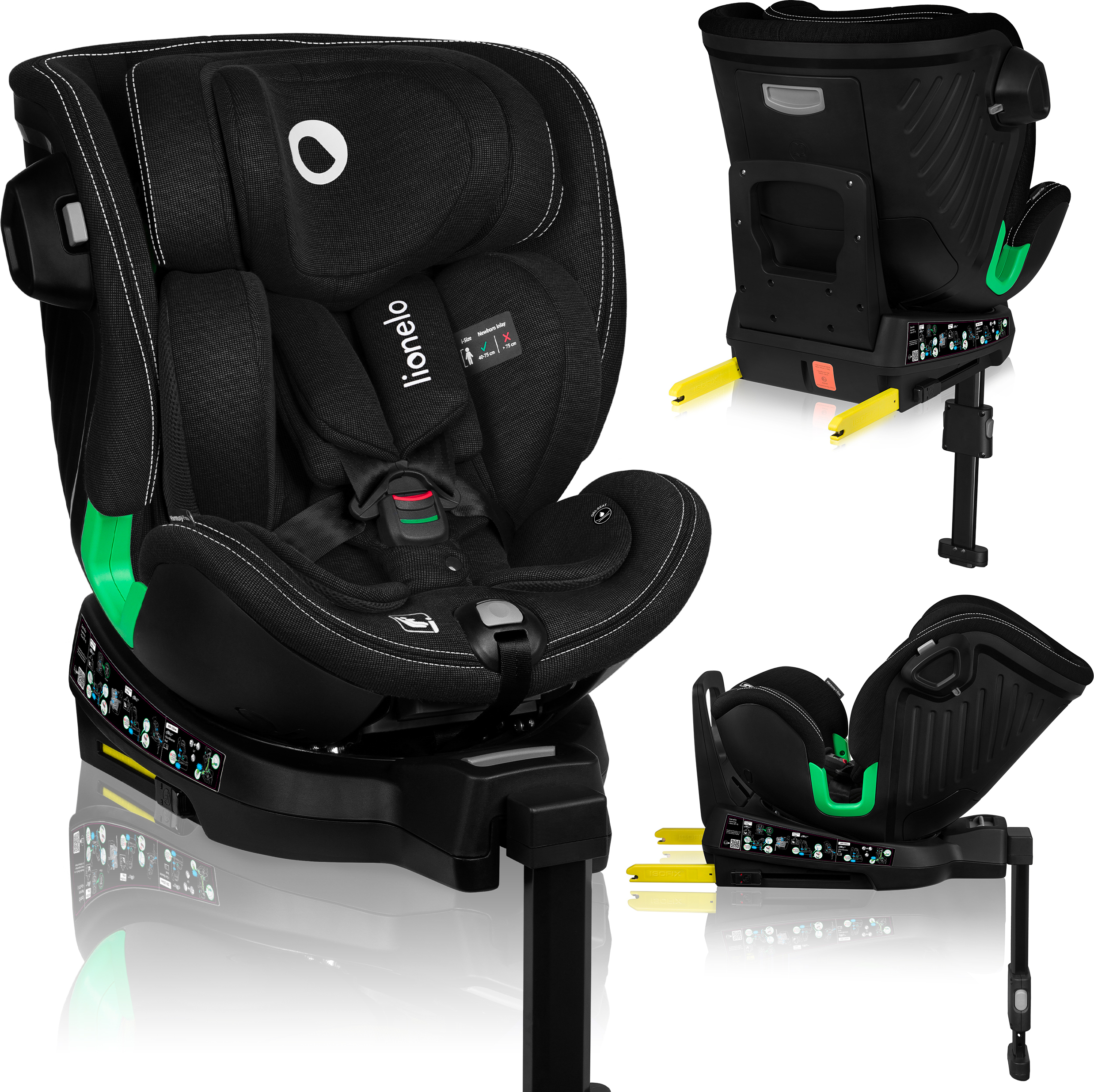 Detská autosedačka Lionelo Harmony i-Size, 360° základňa EasyTurn, ISOFIX a opora nohy, BuckleAlarm, ochrana proti bočnému nárazu, nastaviteľná opierka hlavy a chrbta - čierna