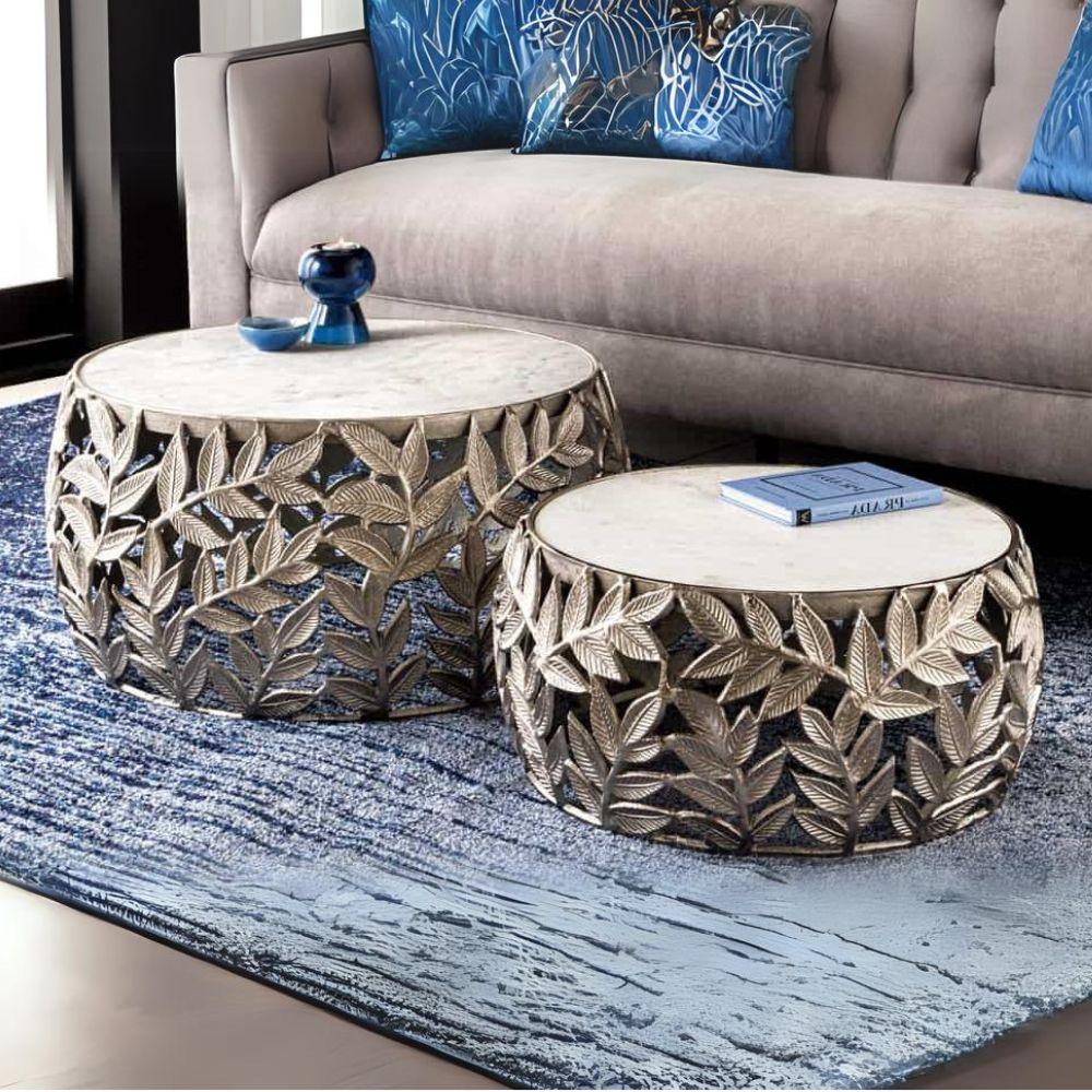 LEBENSwohnART Extravagantes Couchtisch-Set RIXOS-Leaf ca.70cm Metall Marmor 9943817