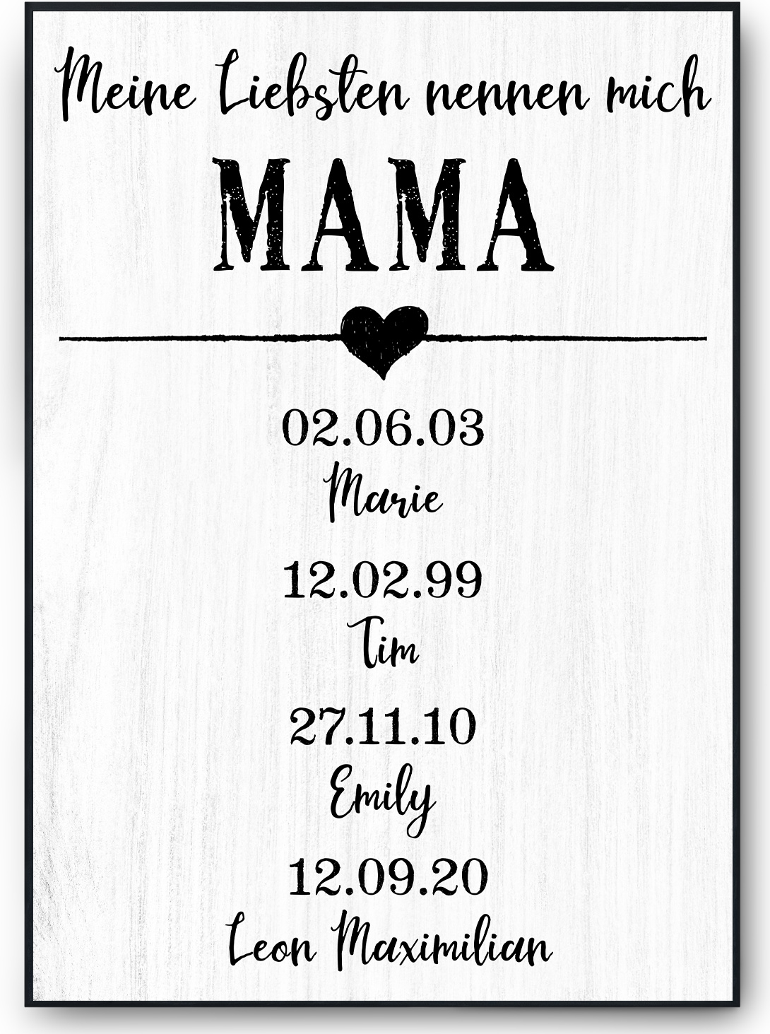 Tigerlino® Personalisiertes Mama Poster mit Namen und Geburtsdaten Geschenk für Mama und Oma Muttertag Geschenkidee Mama Geburtstag – DIN A4 + Rahmen schwarz / 4 Namen