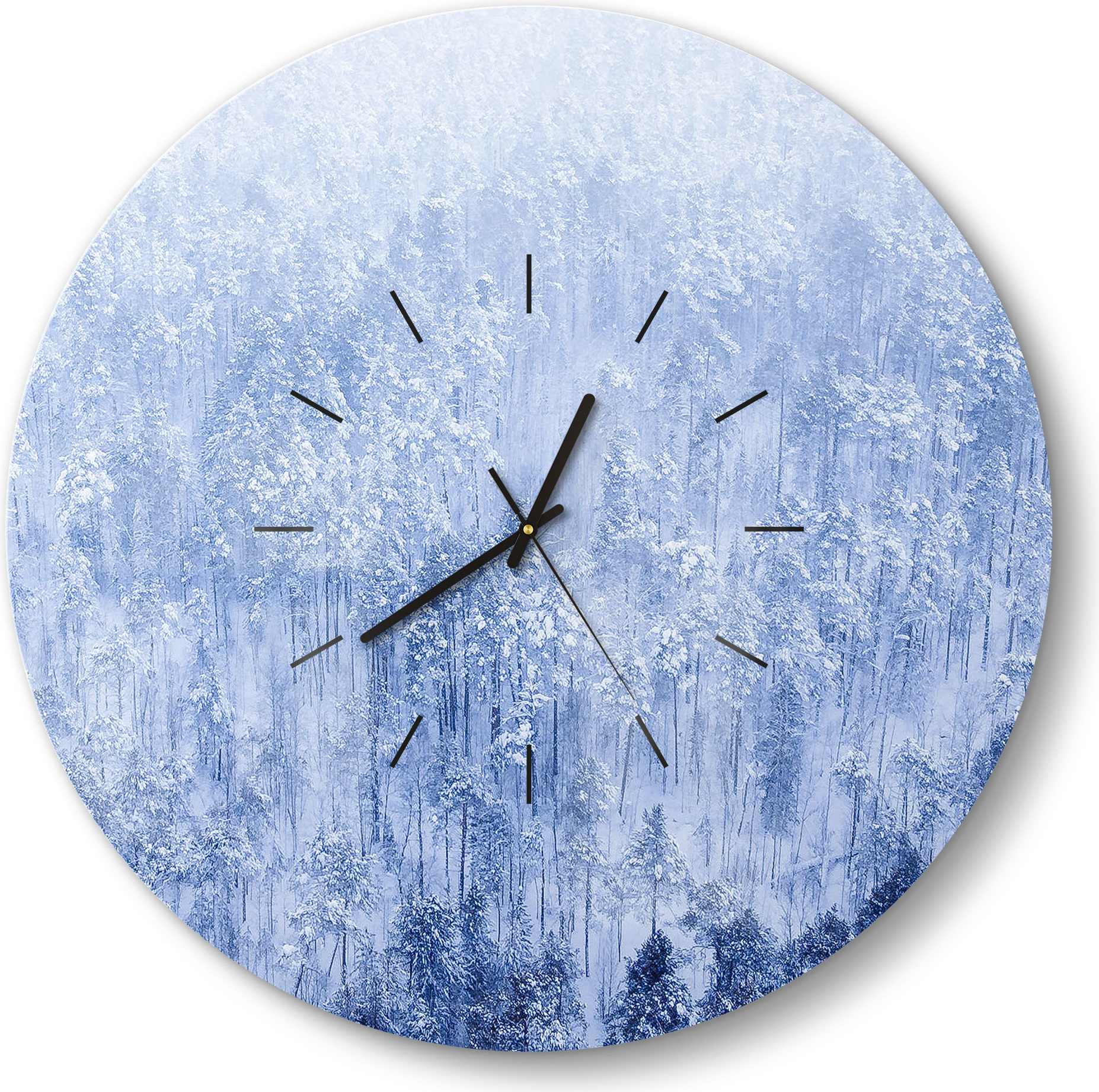 DEQORI Glasuhr Ø50 cm Modern 'Winterwald in Weiß' Wanduhr Glas Uhr Design leise Küchenuhr WC-D50-M-4597