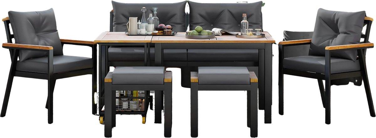 Obývacia súprava Tuin na záhradu alebo terasu - 7-dielna - Pre 6-7 osôb - S kreslami, lavicou, stoličkami a servírovacím vozíkom - Odnímateľné a umývateľné poťahy - Akáciové drevo - Sivá