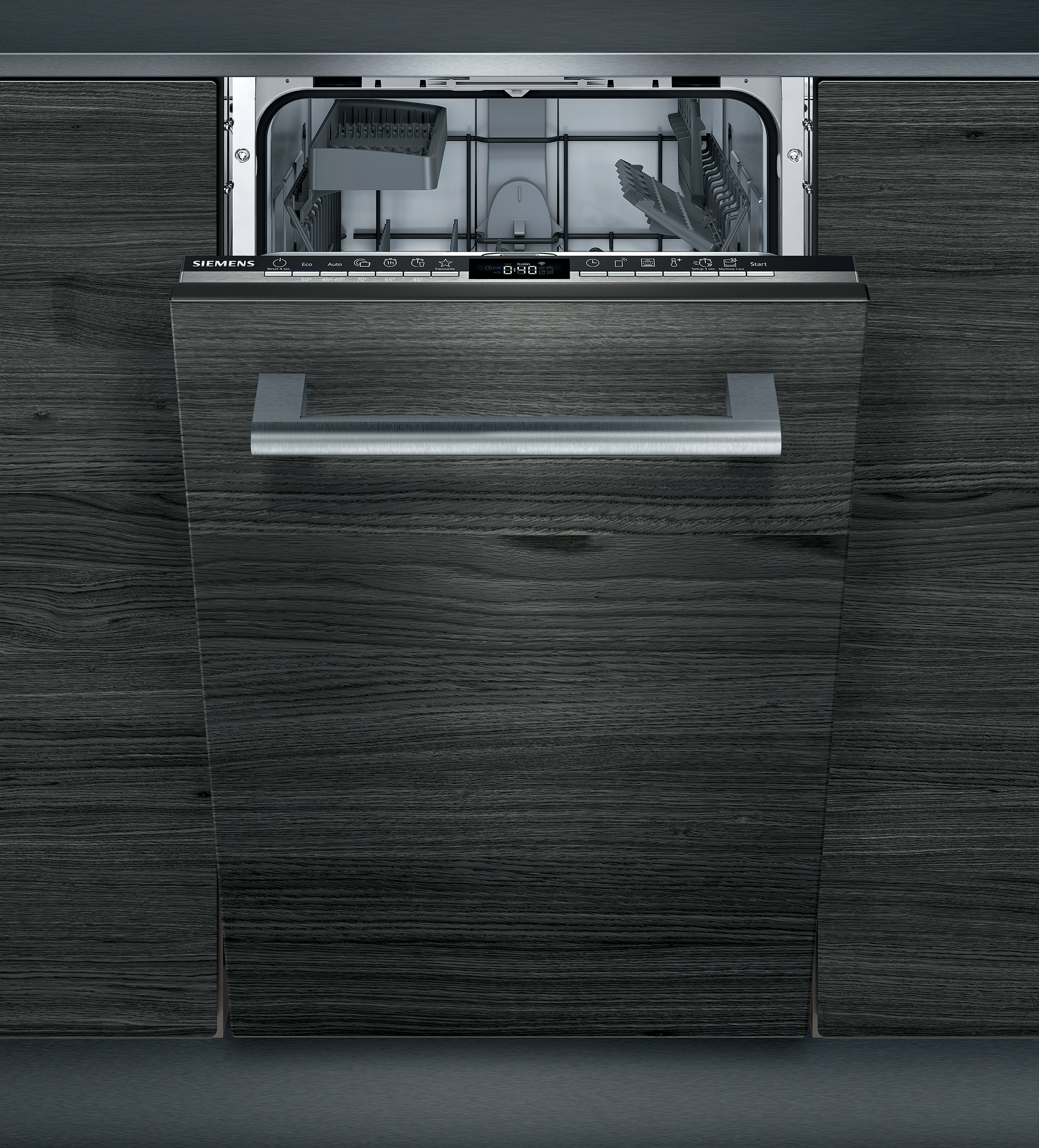 Siemens iQ300 SR63EX28KE, Plne vstavaný, Slimline (45 cm), Drevo, Tlačidlá, LCD, 1,75 m