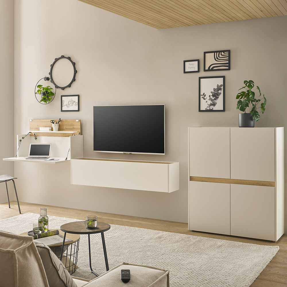 Lomadox Wohnwand weiß mit Eiche CRISP-61 modern 3-teilig mit Homeoffice-Lösung LA61-CRISP-61-HOMEOFFICE-SET7