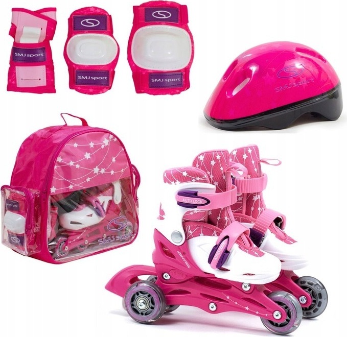 SMJ Kinder Mädchen 2in1 Inliner Rollschuhe VERSTELLBAR + Schutzausrüstung + Helm – ROSA Gr. 26-29