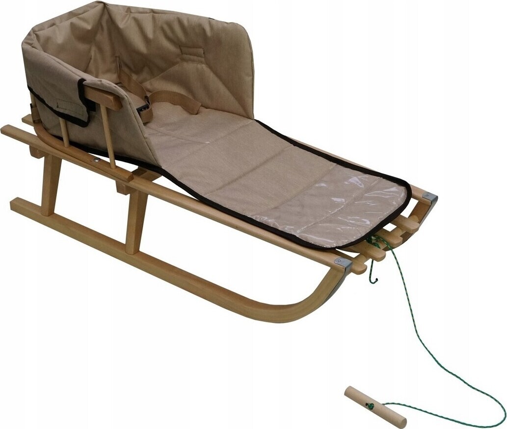 Skyline Holzschlitten für Kinder mit Rückenlehne Rodelschlitten Davoser Schlitten aus Holz mit einem Sicherheitsgurt Rückenlehne Matratze