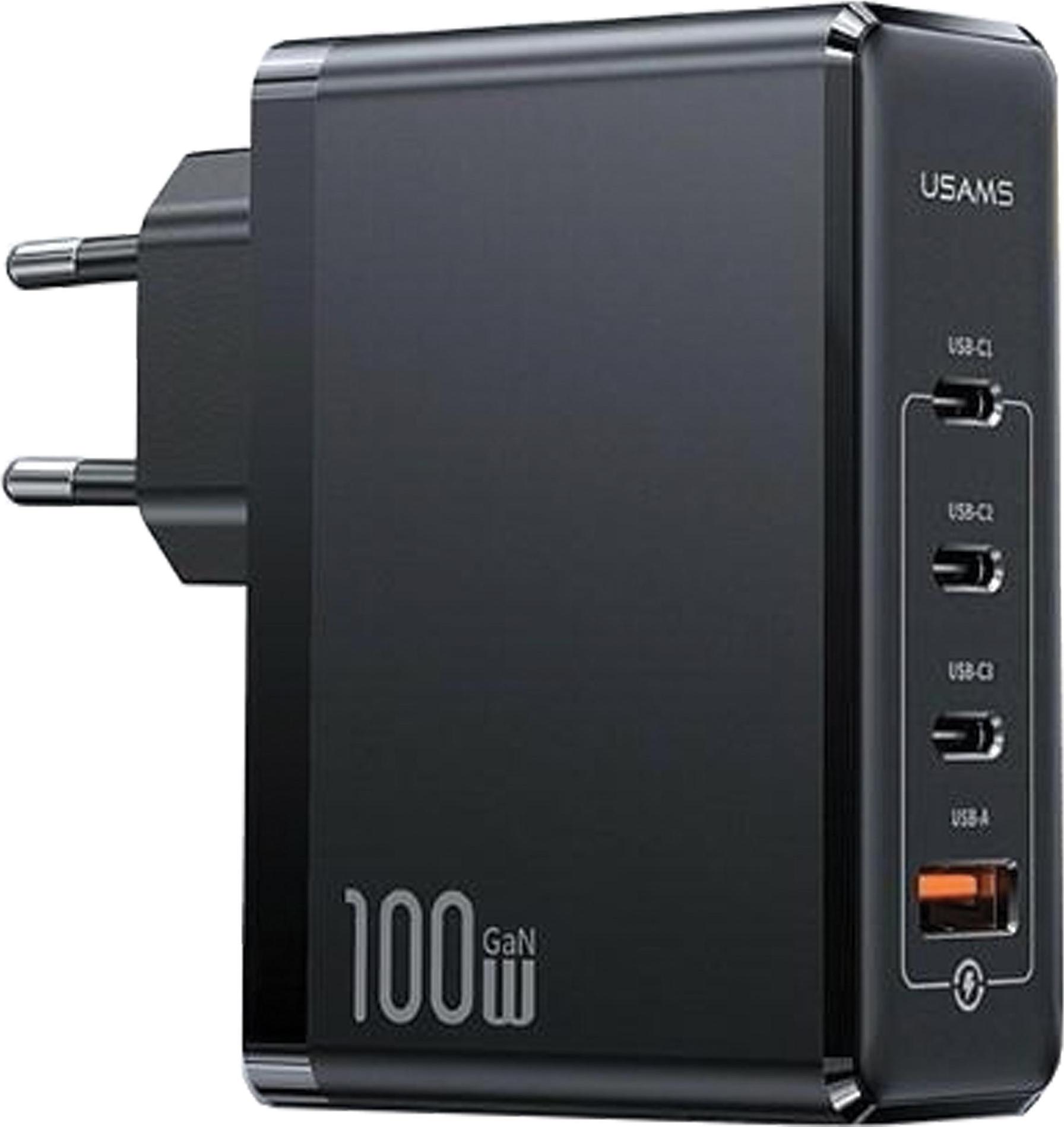 Usams, 100W nabíjačka GaN s 3x USB-C / 1x USB-A ultra-rýchla, čierna