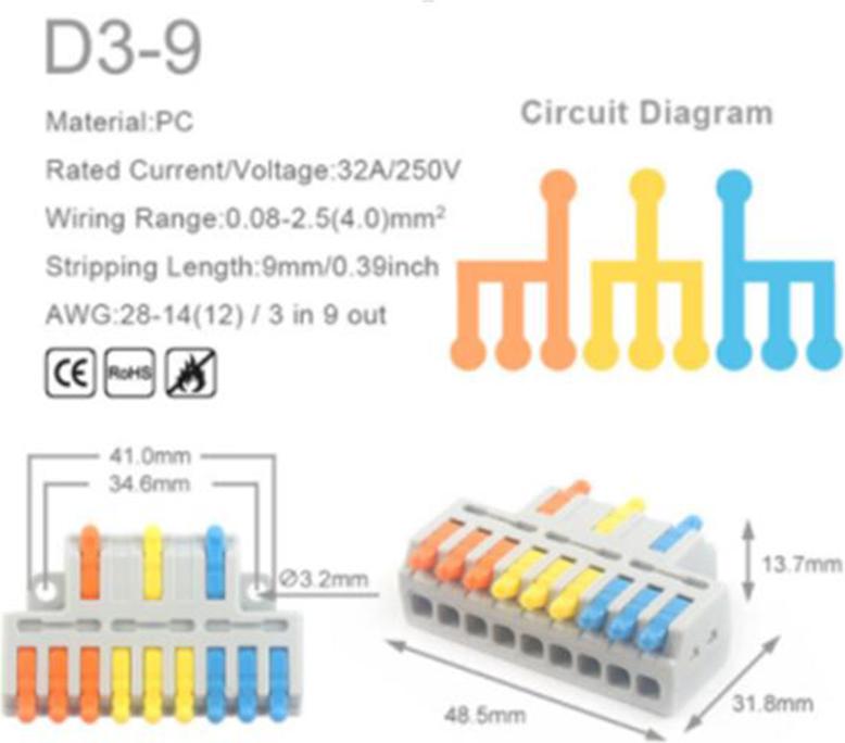 Funduino Mini-Verbindungsklemme 5 Stk. 32A/250V - D1 / D2 / D3 : 3 auf 9 - mehrfarbig Ausführung: 3 auf 9 - mehrfarbig