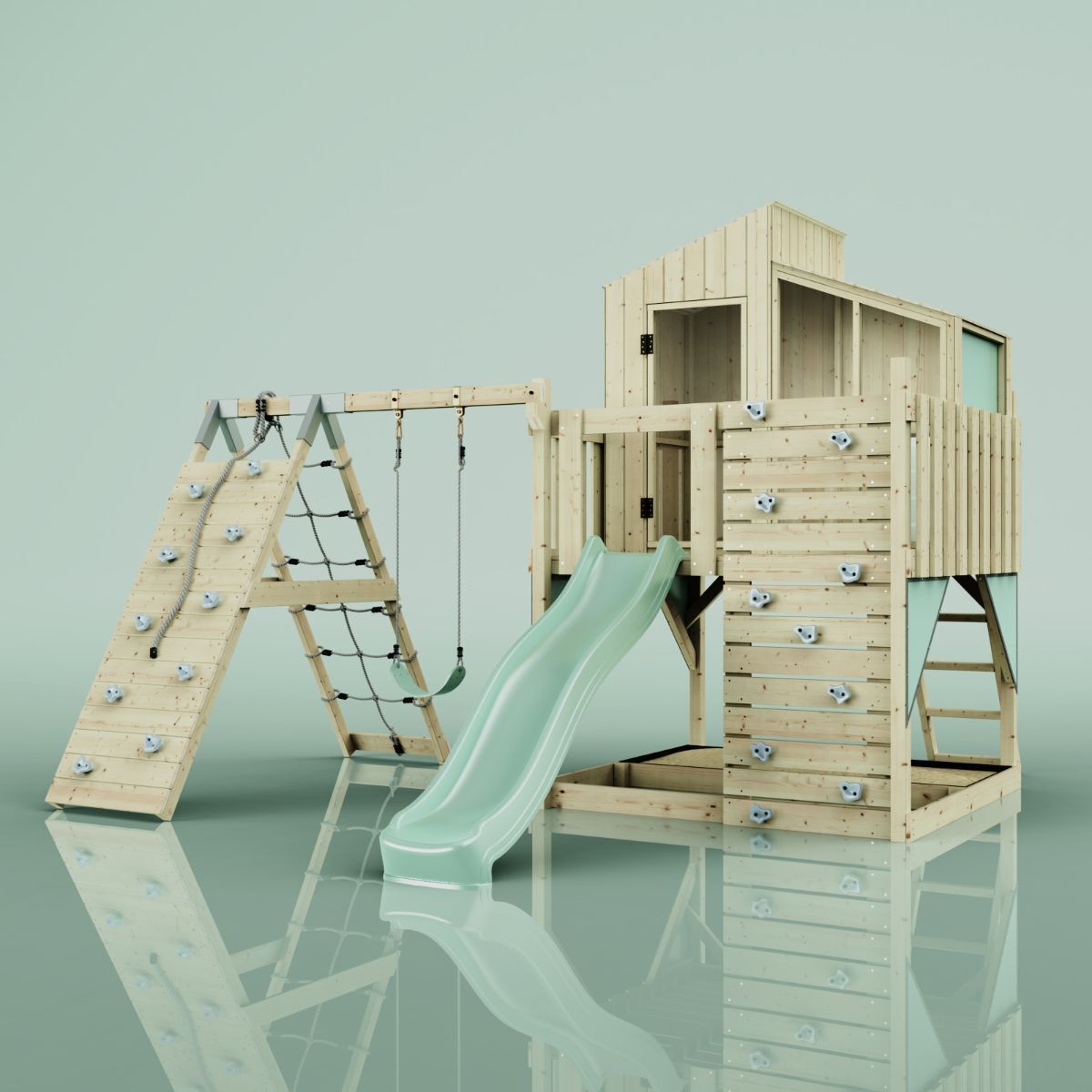 OutdoorToys Outdoor Spielturm mit Wellenrutsche, Spielhaus aus Holz mit Kinderschaukel, Kletterwand, Kletternetz, Ausführung: Kinderschaukel, Farbe: Mintgrün, mit Kinderschaukel O4.5.00314.7