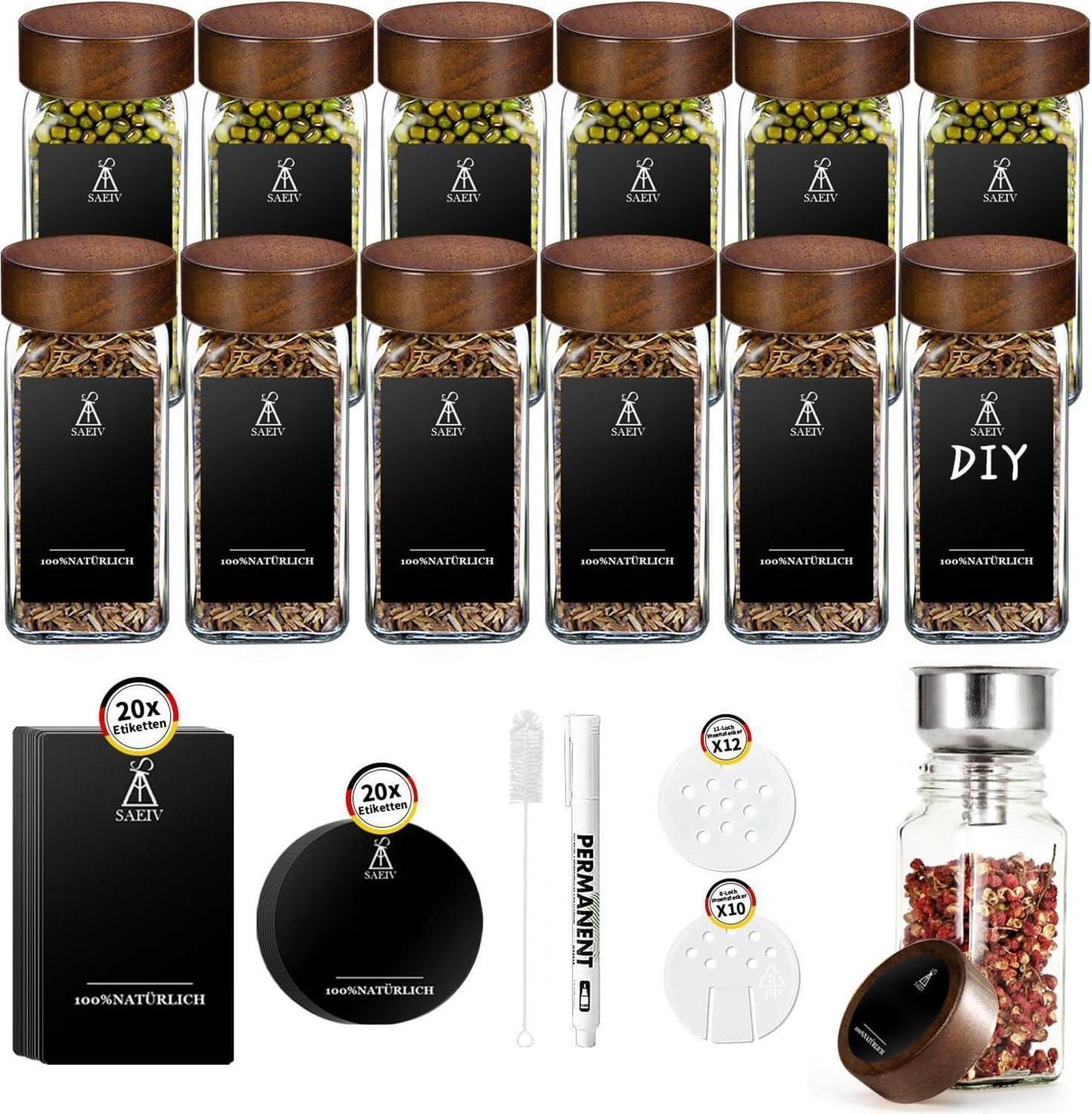 Sonstige SAEIV Akazienholz Gewürzregal mit 12 Fächern und 12 Gewürzgläsern