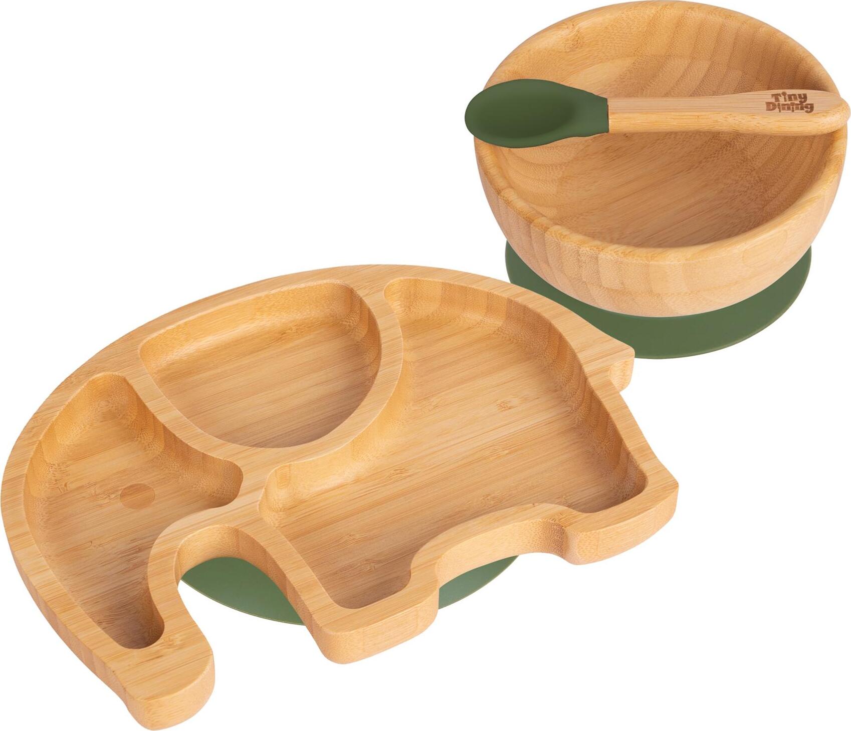 3pc Olivgrün Kinder Bambus Elefant Teller, Schüssel & Löffel-Set mit Silikon-Saugnapf - Segmentiertes Design Baby & Kleinkind Entwöhnung Geschirr - Umweltfreundlich & Biologisch Abbaubar - Von Tiny Dining TD-EL-SET-OLI