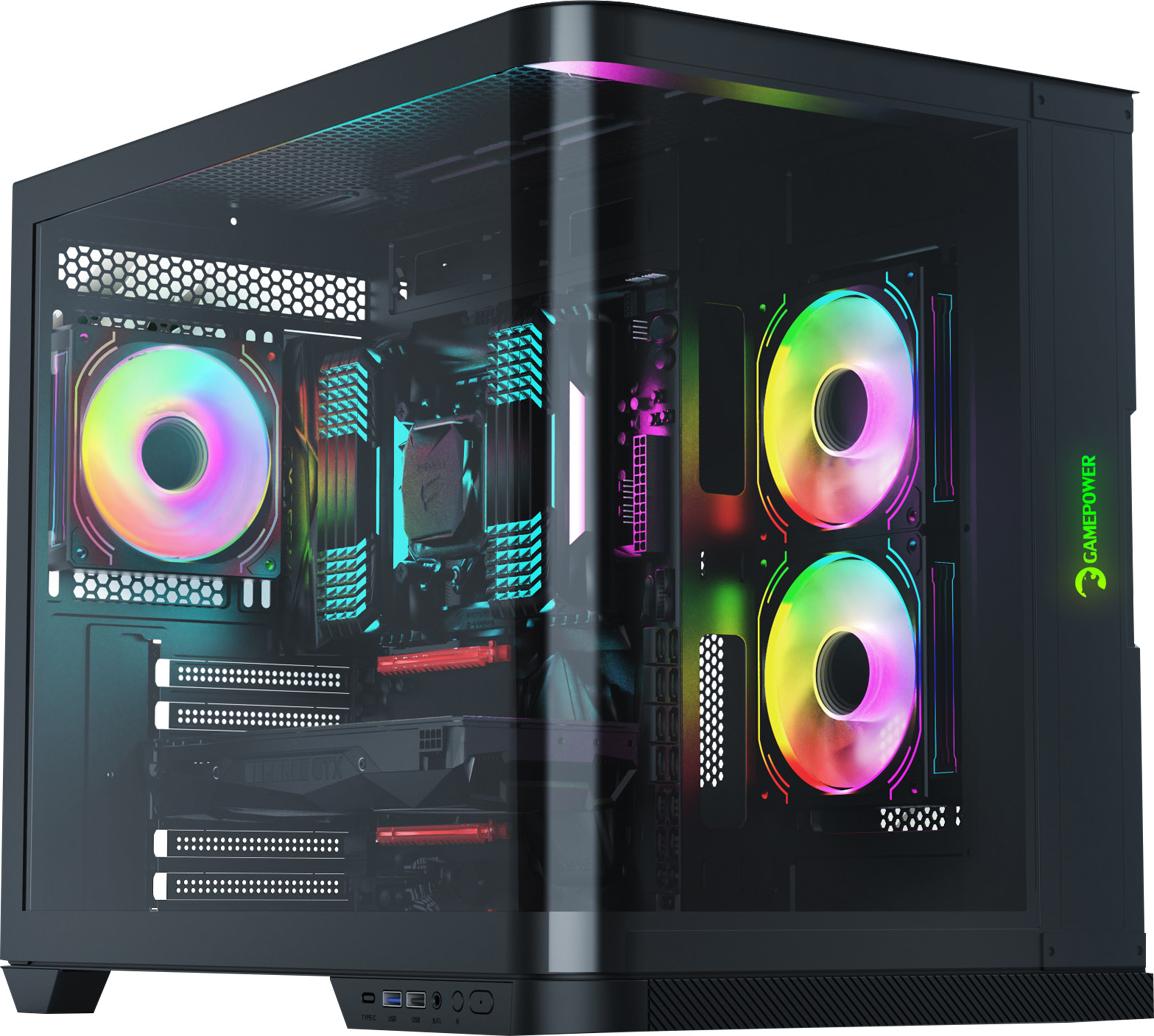 GAMEPOWER Vertex Curved ATX Mid Tower Gehäuse, Aquarium Panorama-Glas, 3x PWM ARGB Lüfter inkl., USB-C Port, Schwarz Warcry Vertex