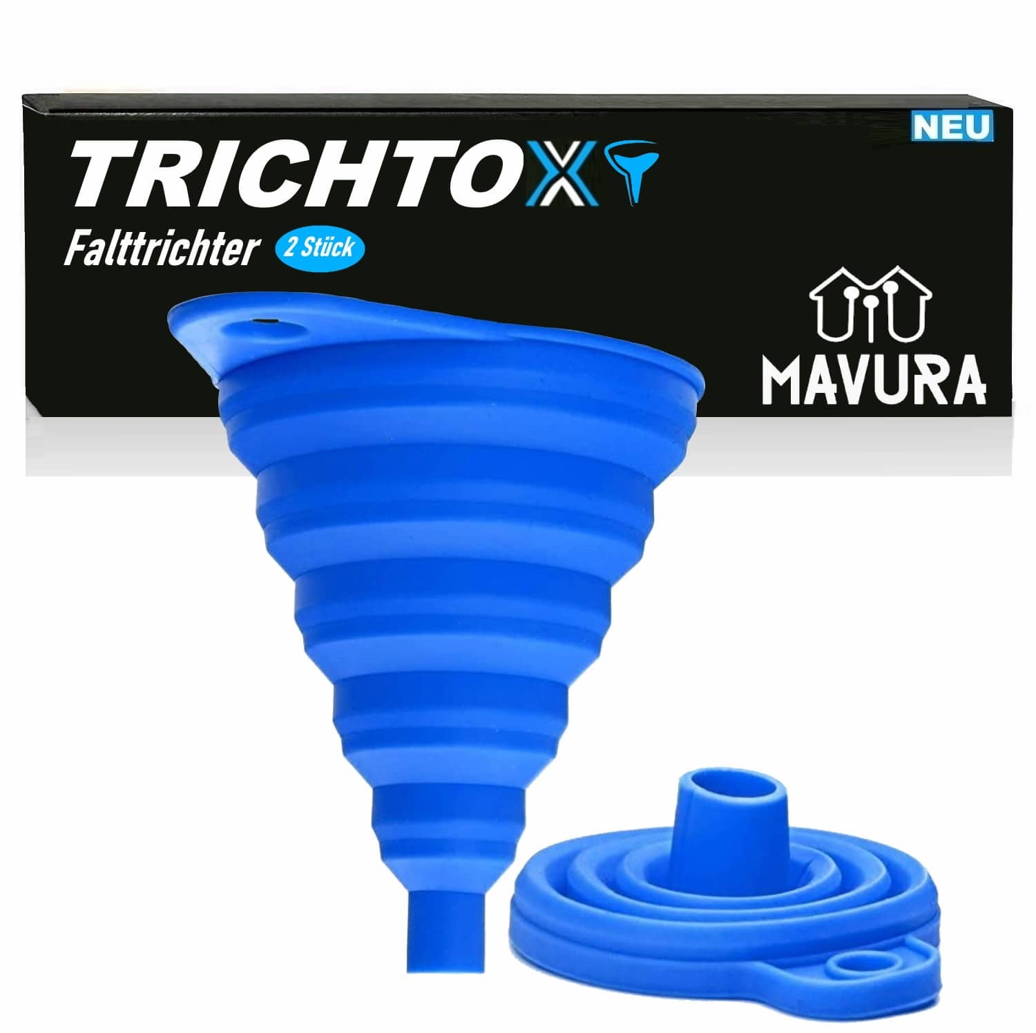 MAVURA TRICHTOX Silikon Trichter Mini Falttrichter Klapptrichter Einfüllhilfe faltbar blau [2er] A663