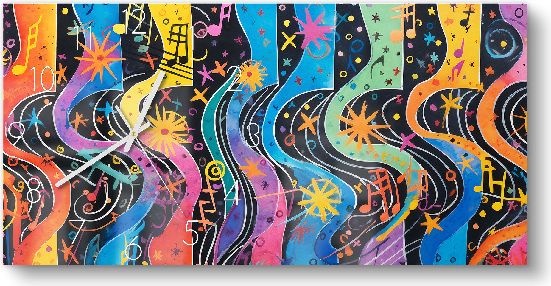 DEQORI DEQOART Glasuhr 60x30 cm Zahlen 'Klangwellenfarben' Wanduhr Glas Uhr Design leise Küchenuhr WC-60-30-N-4078