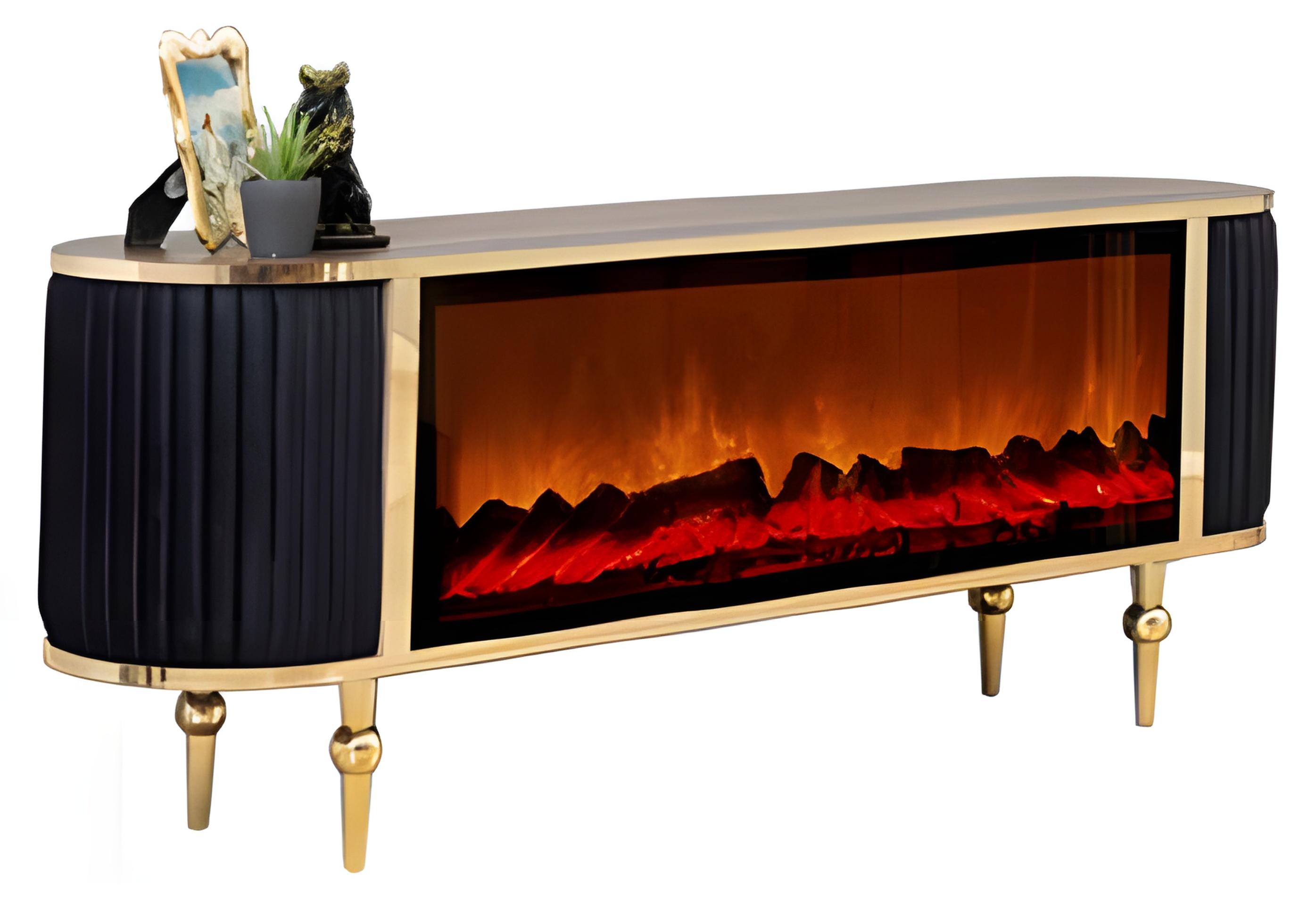 AEA TV-Lowboard mit modernem Kamineffekt, LED und dekorativen Stoffelementen