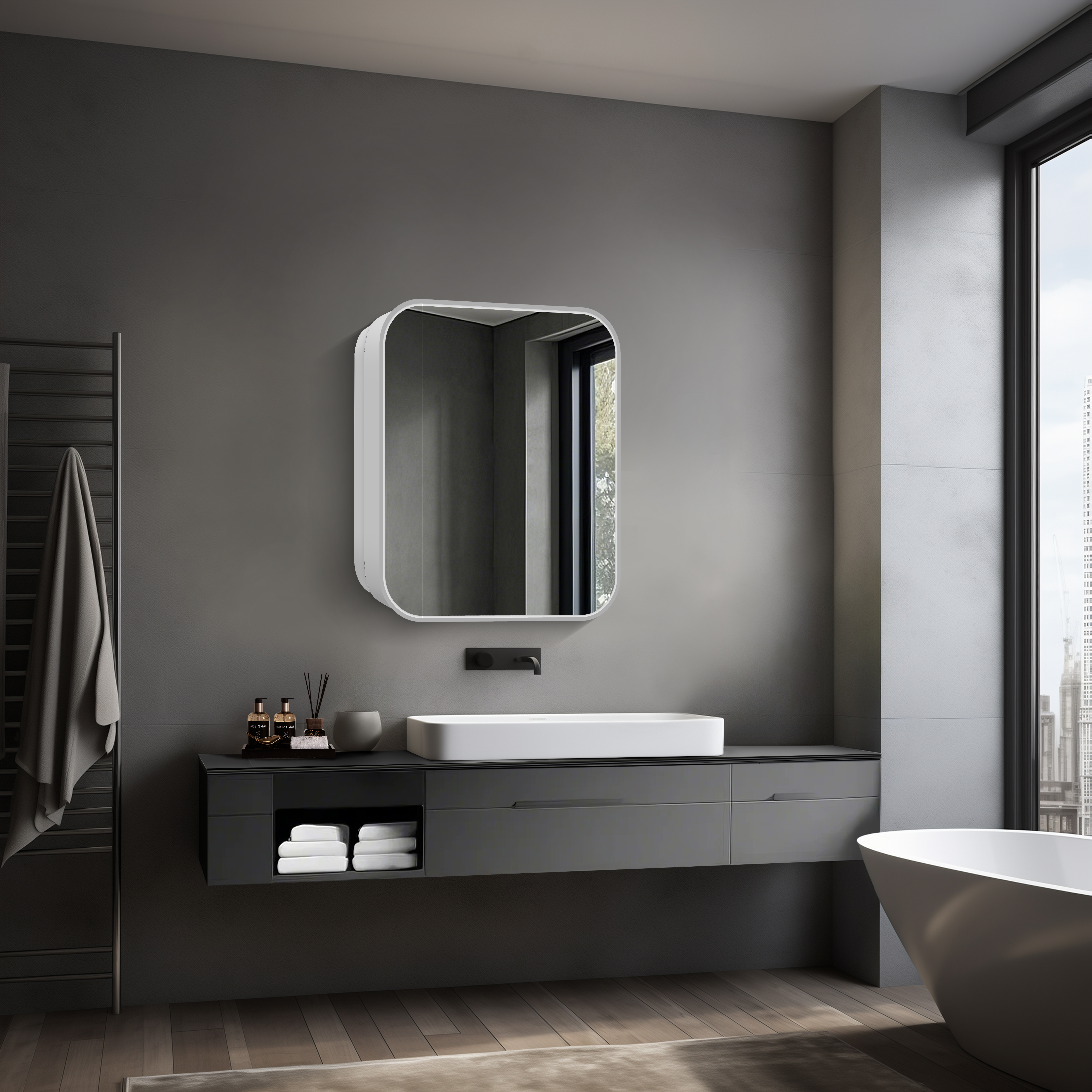 Spiegelschrank mit Beleuchtung Talos Silver Nova 60x70 cm silber - Spiegelschrank Bad mit 2 Ablageflächen - Aluminium - Rückwand verspiegelt 50193