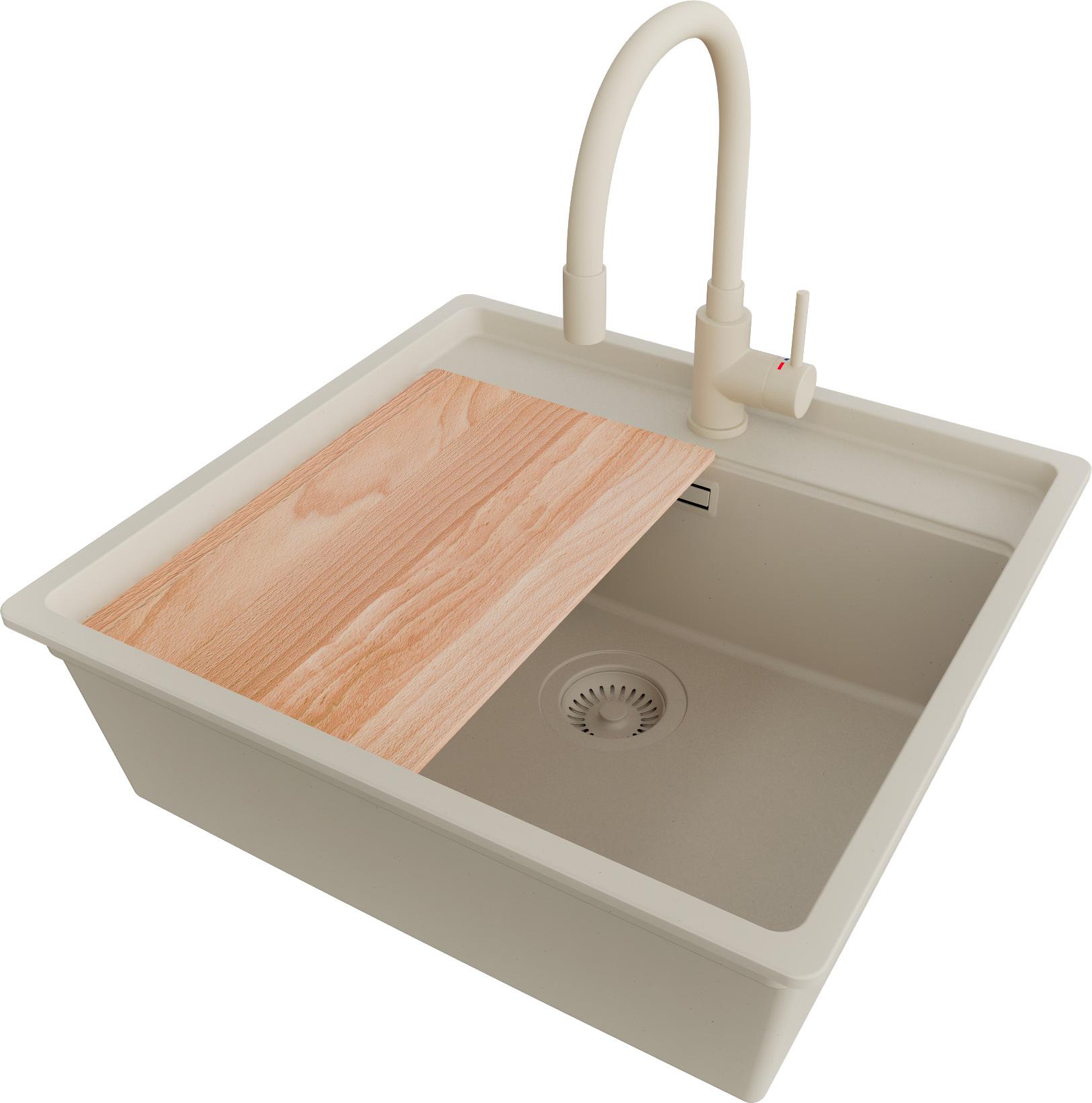 PRIMAGRAN Granitspüle Beige 56x53cm, Spülbecken 1 Becken + Küchenarmatur 38x14cm + Ablauf-Set + Schneidebrett, Küchenspüle ab 60er Unterschrank - Bergen