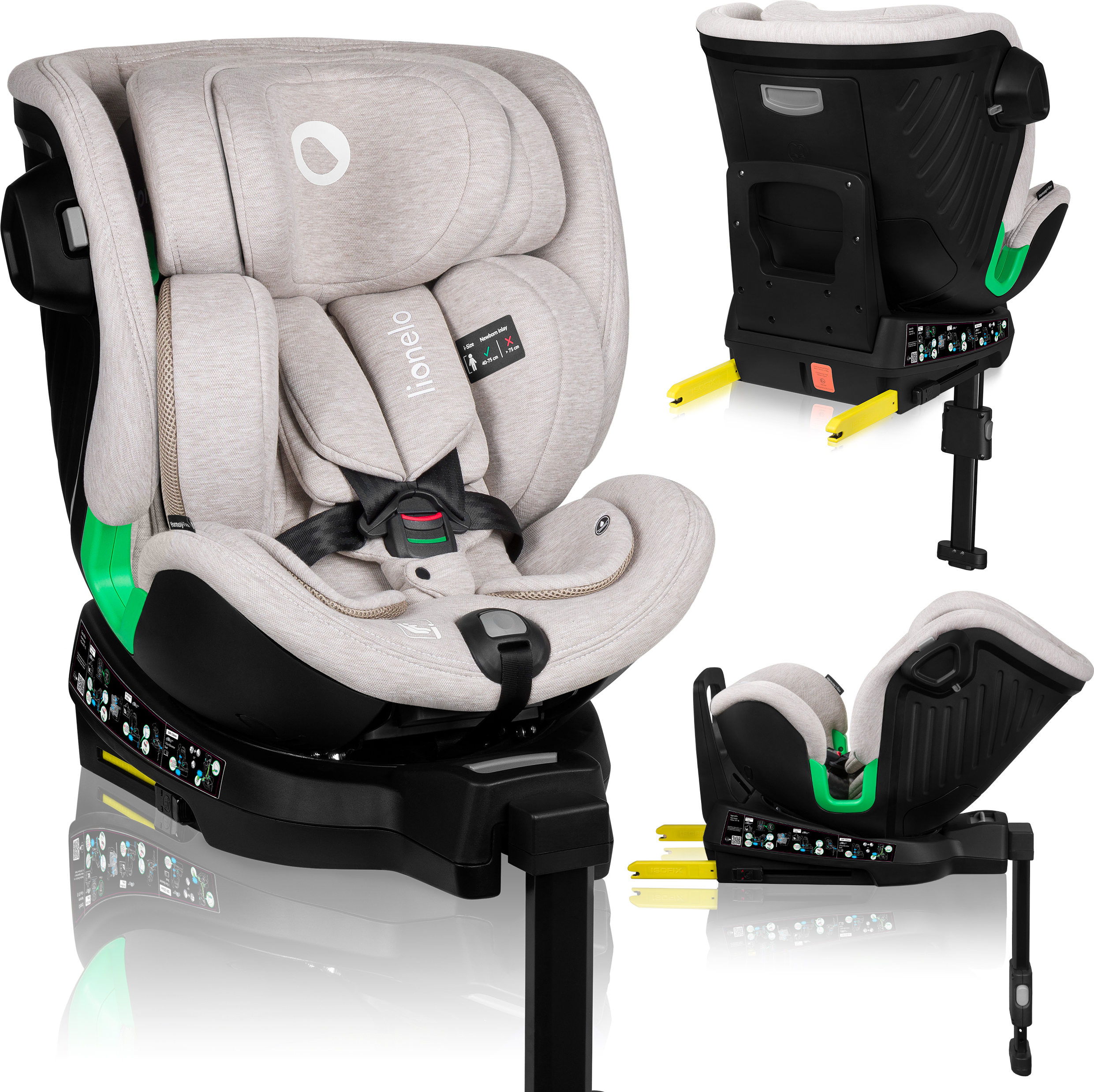 Detská autosedačka Lionelo Harmony i-Size, 360° základňa EasyTurn, ISOFIX a opora nohy, BuckleAlarm, ochrana proti bočnému nárazu, nastaviteľná opierka hlavy a chrbta - béžová
