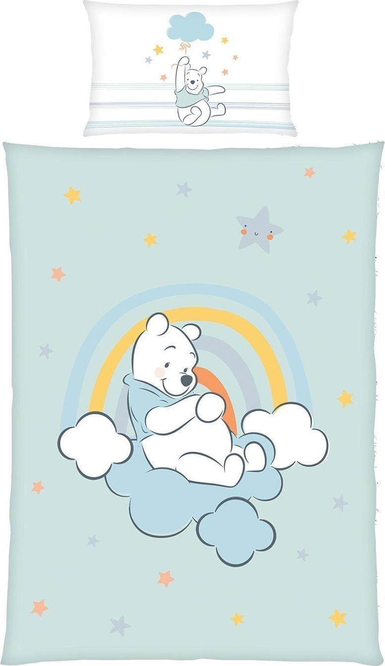 Herding Heimtextil Baby-Renforce-Bettwäsche - 100 x 135 cm - Blau - Weiß - Grau - mit Reißverschluss - WINNIE POOH 2423228063560