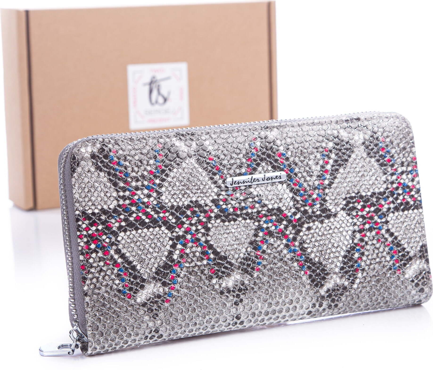 Jennifer Jones Leather Jennifer Jones Damen großes Geldbörse mit Reißverschluss Echt Leder Lackiertes Silber mit Rosa