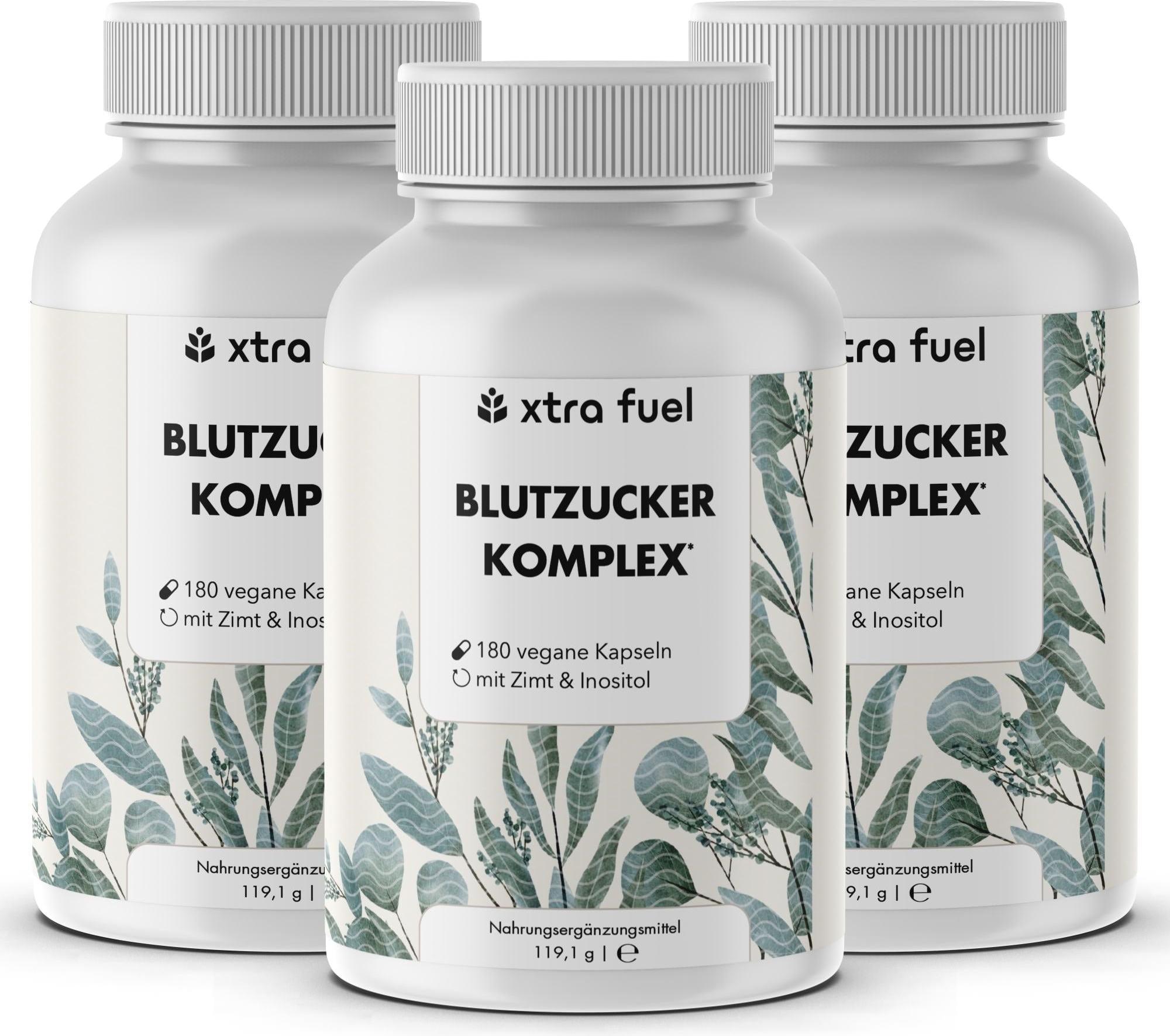 XTRA FUEL Blutzucker Komplex* - Nährstoffmix mit Ceylon-Zimt, Inositol & Olivenblatt – 3x Dosen (540 Blutzucker Kapseln)