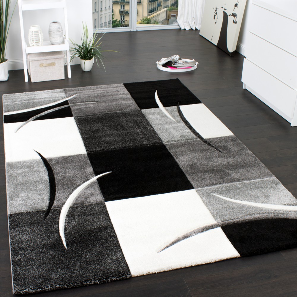 Teppich Wohnzimmer Modern Kariert Meliert Schwarz Weiß Grau 