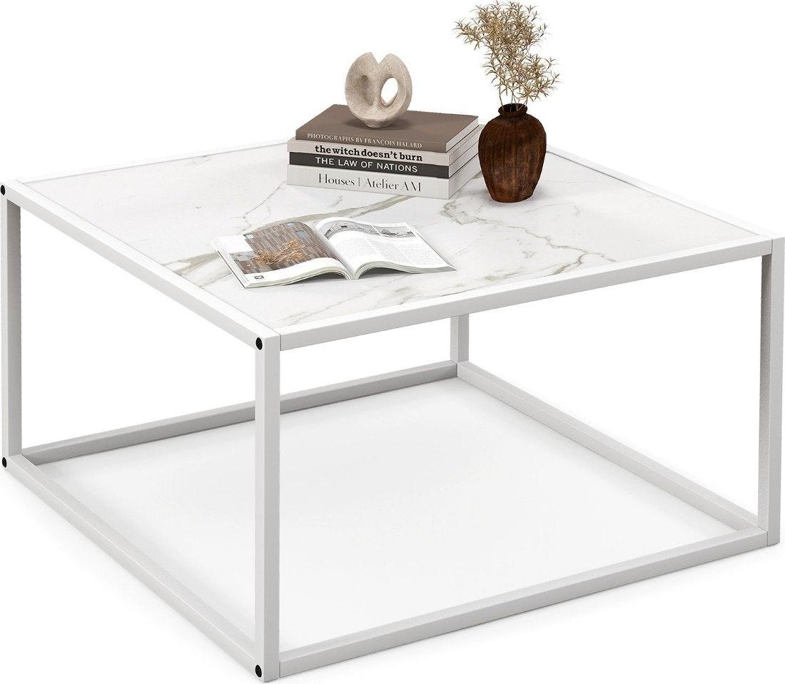 Northix Couchtisch Marmor Optik rechteckiger Kaffeetisch mit Metallrahmen 70 x 70 x 40 cm Weiß