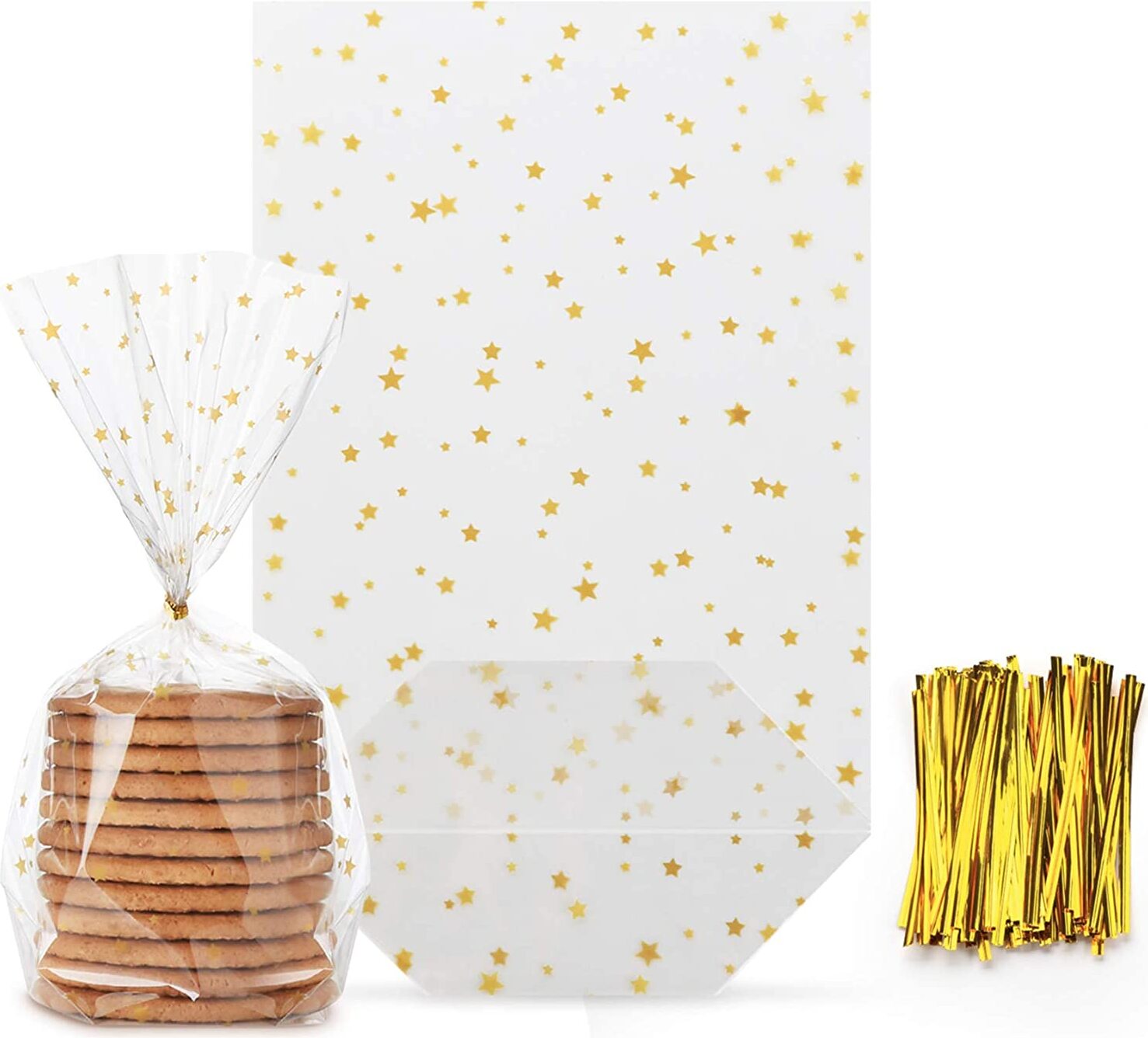 OPP Tüten Für Gebäck Und Snacks 100 Cellophantüten Weihnachten – 12,5x27,5 Cm, Mit Goldenen & Silbernen Sternen, Inkl. 100 Verschlussclips – Für Kekse, Süßigkeiten & Kleine Geschenke