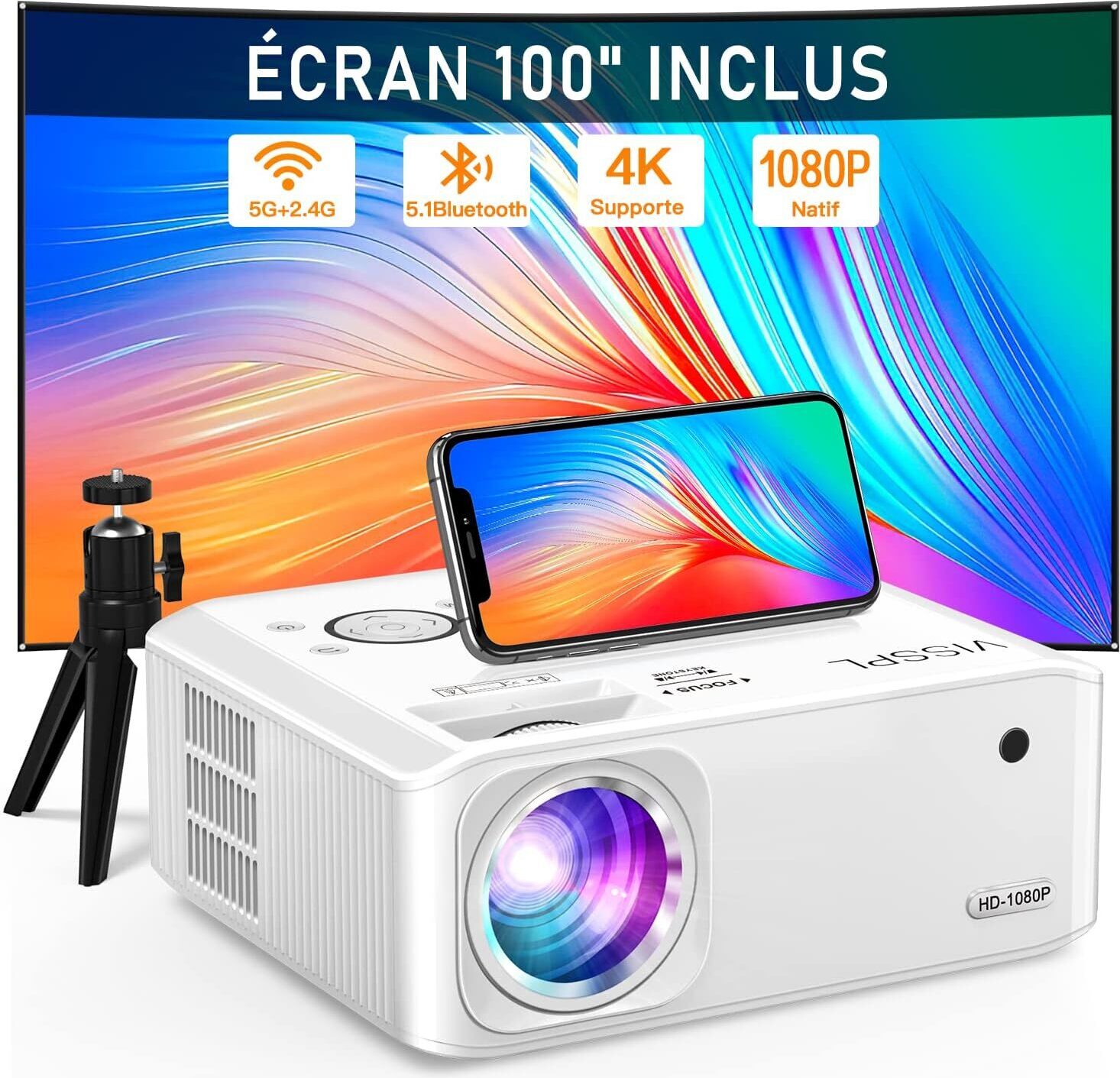 Projektor 4K domáce kino 21000 lumenov, VISSPL Full HD 1080P WiFi Bluetooth mobilný telefón vonku, PPT, ±50° zoom, projektor kompatibilný s TV boxom/PS5/iOS/Android