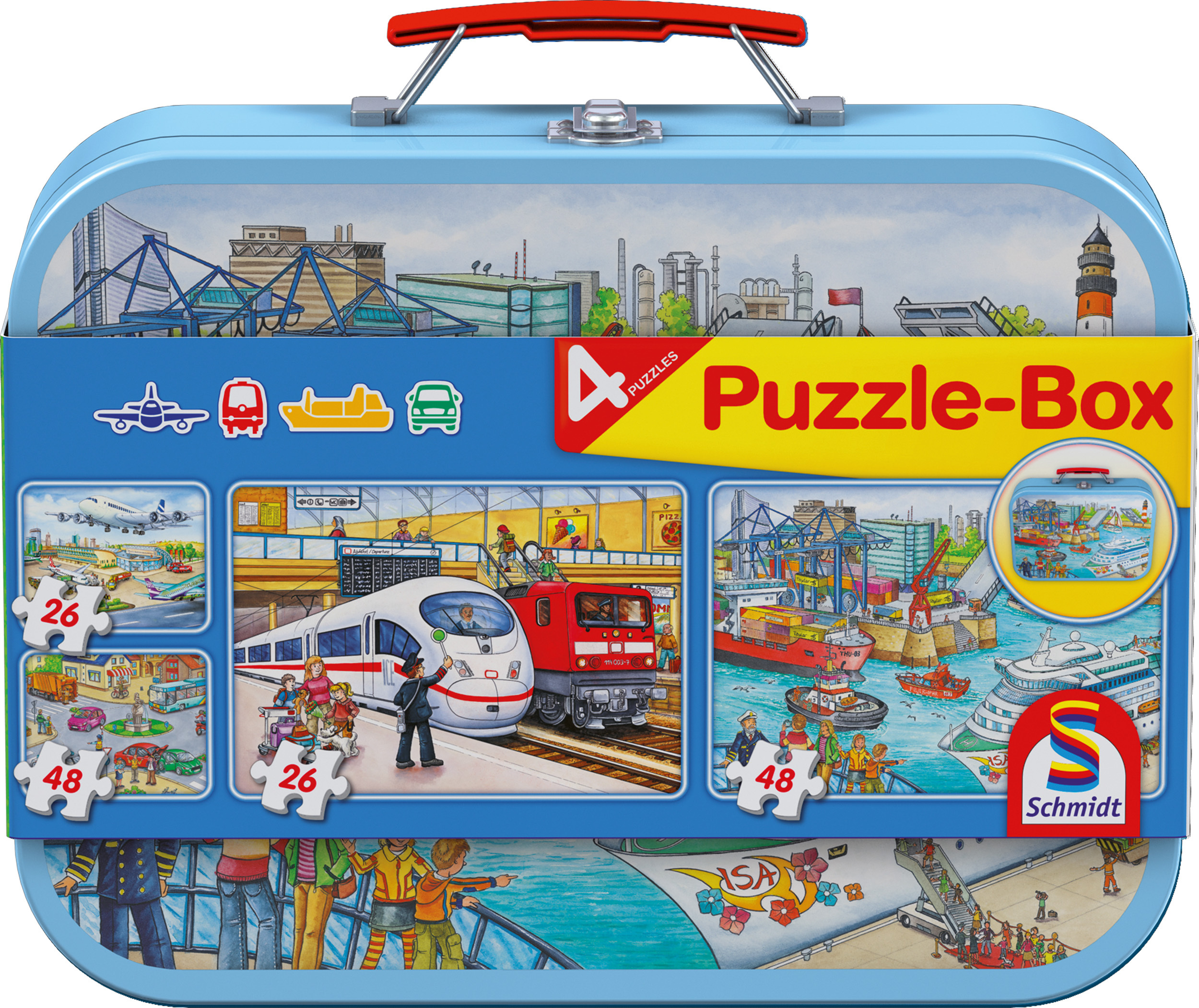 Schmidt Spiele Puzzlebox Verkehrsmittel 4 Kinderpuzzle im Metallkoffer 2x26 und 2x48 Teile 139922