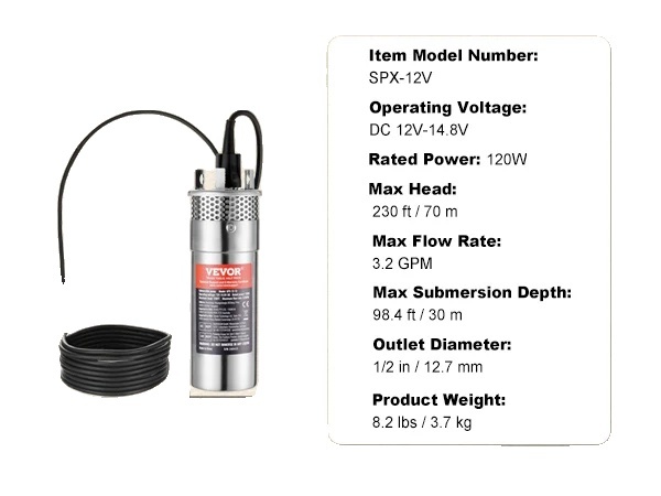 Ponorné čerpadlo VEVOR, maximálny prietok 9,25 GPM, maximálna výška 273 stôp, 120 W 3,2 GPM