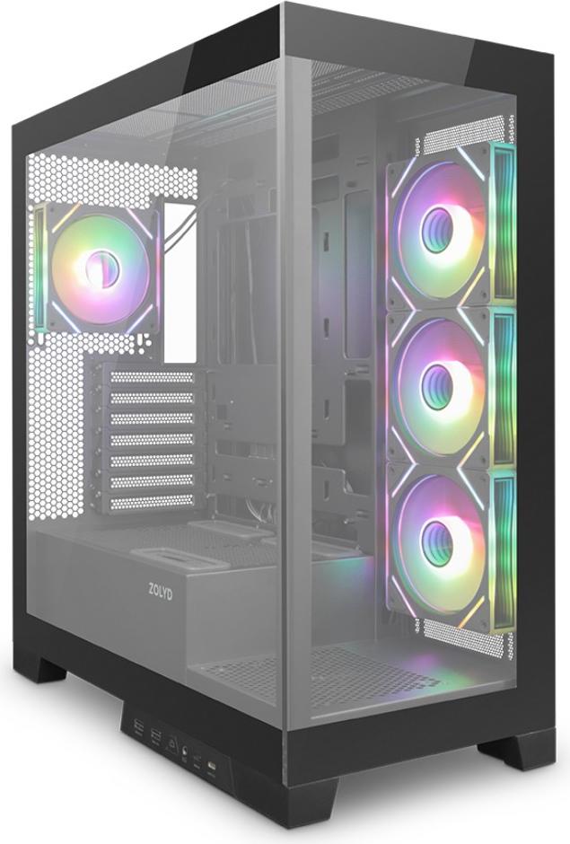 Zolyd Vexora, Midi Tower, PC, Schwarz, ATX, micro ATX, Mini-ITX, Metall, Kunststoff, Gummi, SPCC, Gehärtetes Glas, Bernstein, Blau, Grün, Rot ZLDVEXORABK