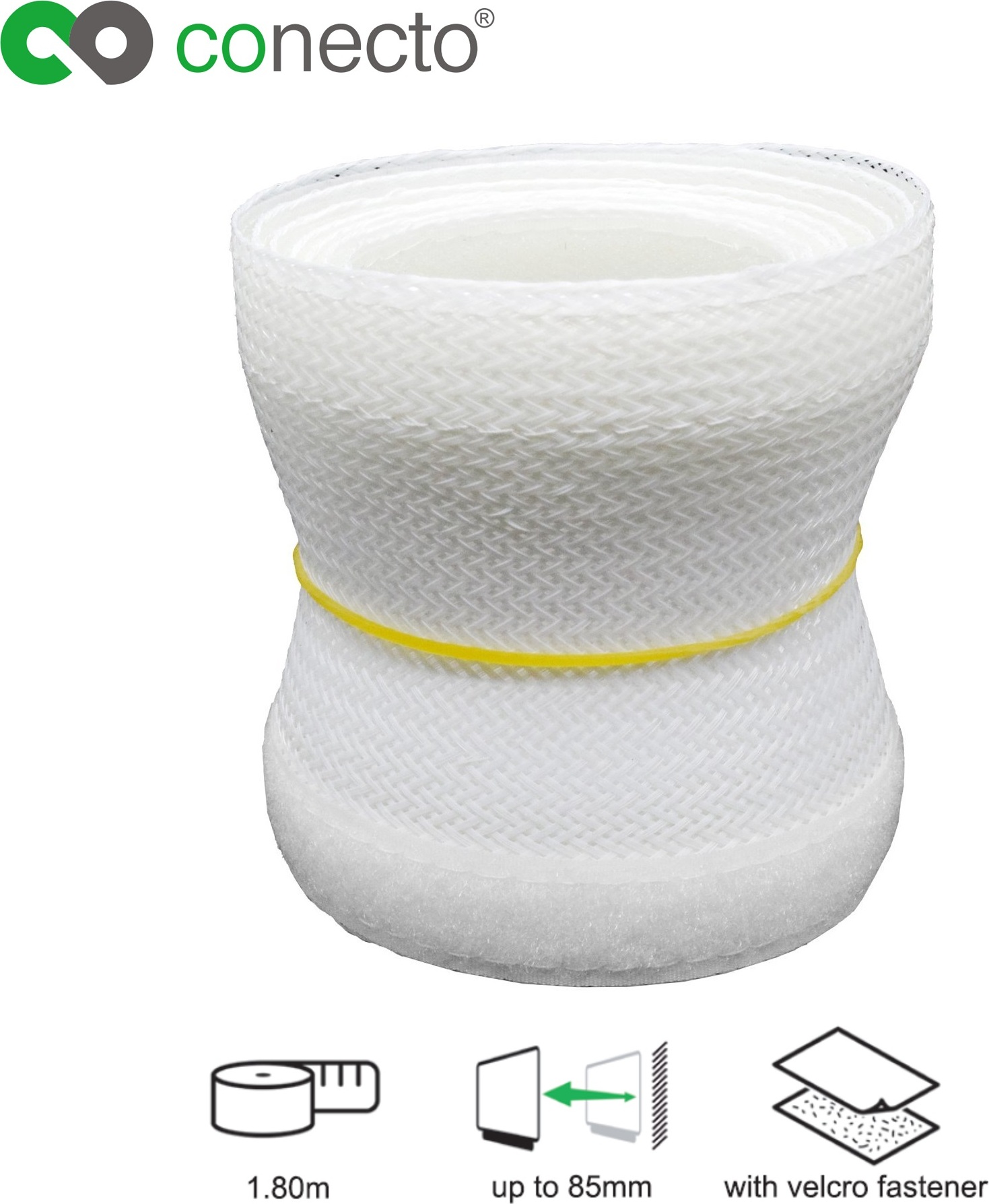 Satchef GmbH conecto CC50328 Universeller Polyester-Kabelschlauch, selbst zusammenziehend mit Klettverschluss, Ø 85mm, 1,80m, weiß SA-CC50328