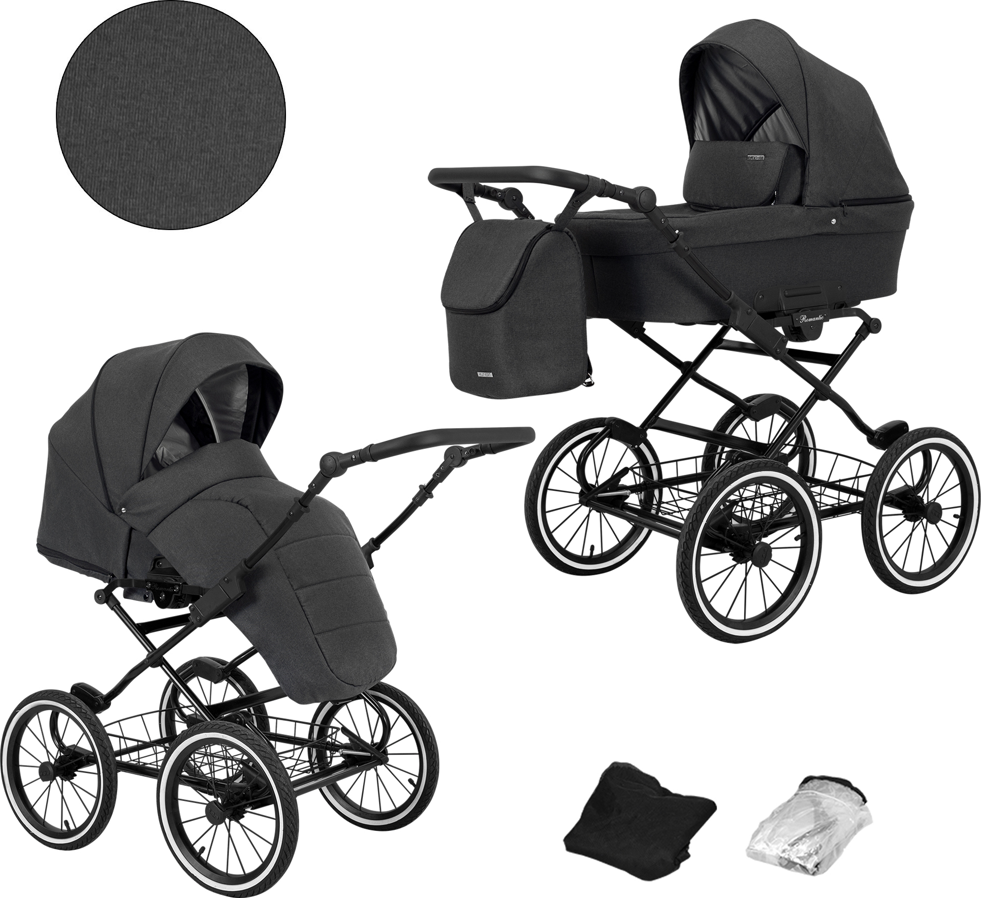 Kinderwagen ROMANTIC Sportwagen Babywagen Babyschale Komplettset Kinder Wagen Set 2 in 1 (anthrazit, Rahmenfarbe: schwarz)