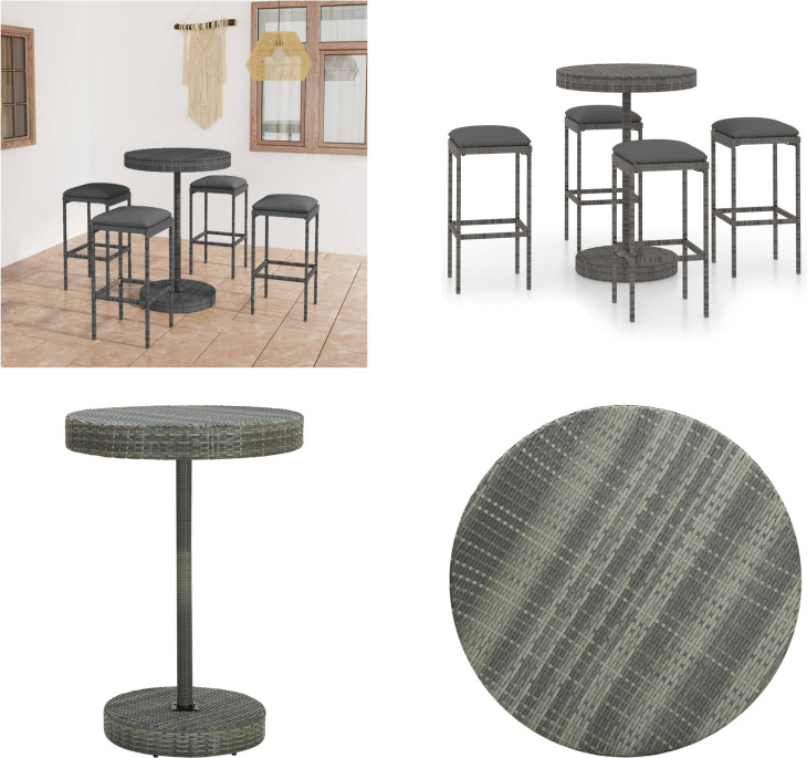 vidaXL 5-dielny záhradný barový set s vankúšmi polyratan sivý - Barový set - Barové sety - Barový stôl a barové stoličky - Barový stôl