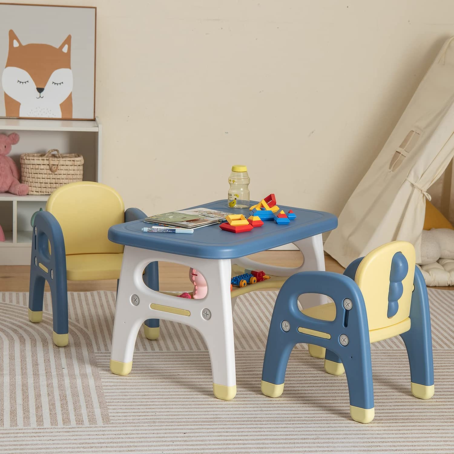 Kinder Tisch Stuhl Set DREAMADE Kindertisch Mit 2 Stühlen, Sitzgruppe Für Kinder Mit Puppenhaus Möbel