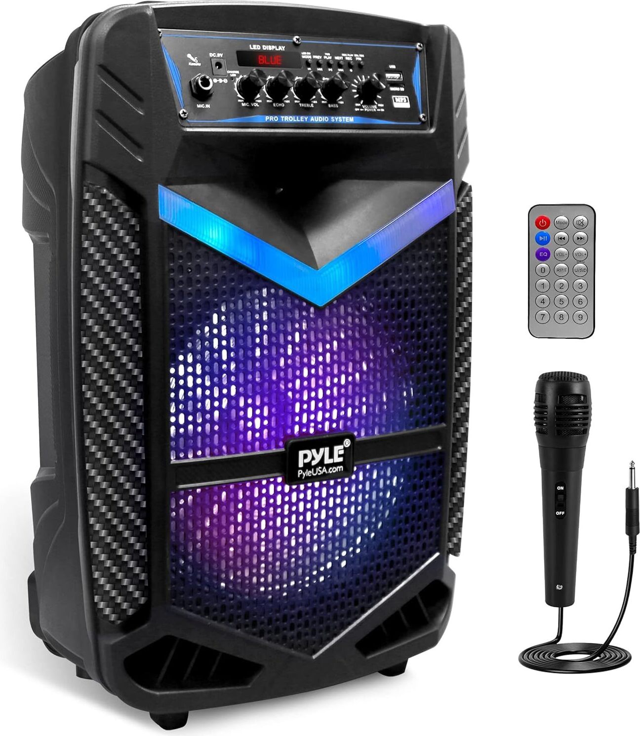 Reproduktor Pyle PA Bluetooth - karaoke zariadenie s mikrofónom na karaoke, 600 W, hudobný box Bluetooth, párty box, dobíjací, 10" subwoofer