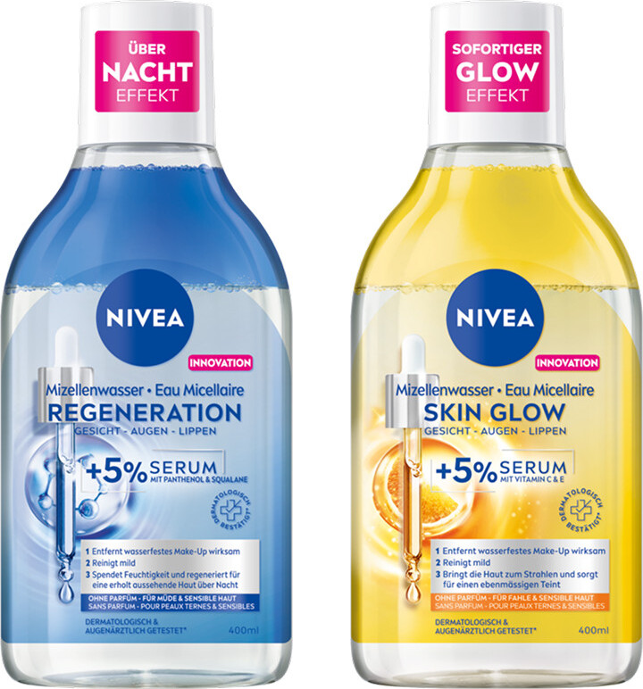NIVEA Mizellenwasser Skin Glow 400ml + NIVEA Mizellenwasser Regeneration 400ml NIVEA Mizellenwasser Skin Glow, NIVEA Mizellenwasser Regeneration