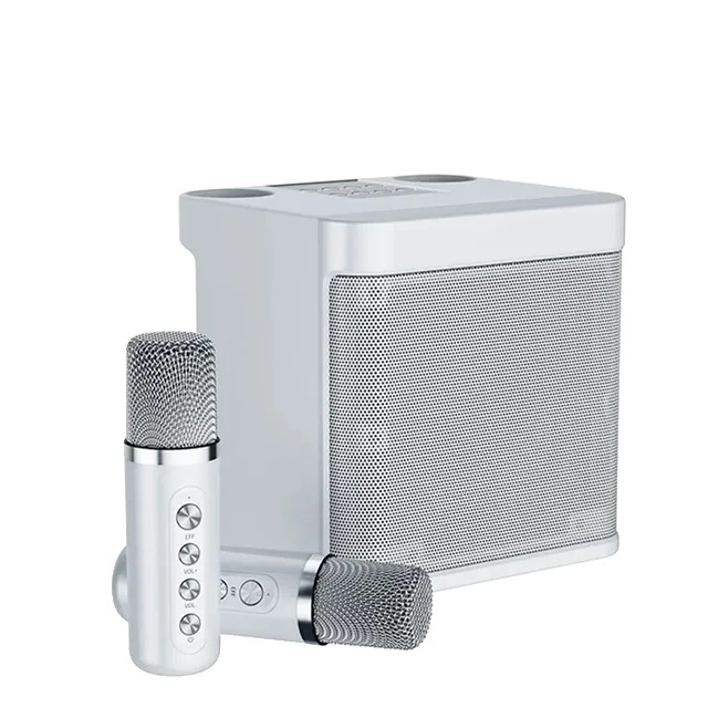 Karaoke stroj, dva mikrofóny, prenosný reproduktor Bluetooth, štandardná strieborná farba
