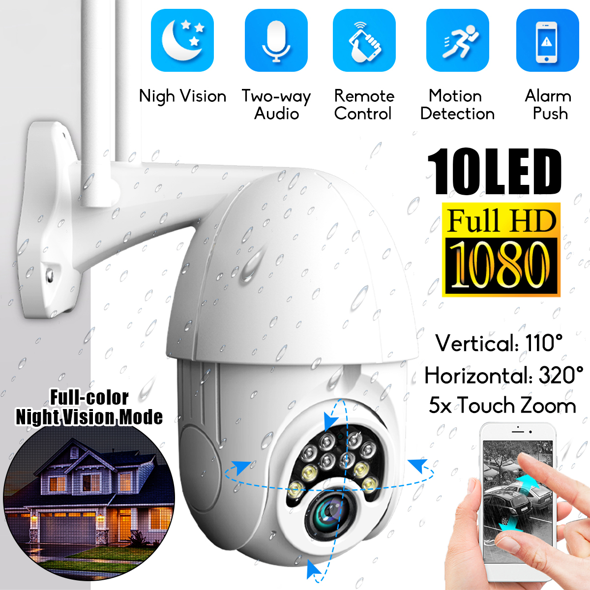 1080P Außen IP Kamera Überwachungskamera IR Nachtsicht CCTV Onvif 64GB TF-Karte 